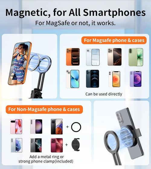69" Magnetic Phone Tripod Head for All Phones,Selfie Stick Monopod for Magsafe with Remote & Phone Mount Adapter,Portable Tripod for iPhone/Android,Camera Accessory Kits,Photo,Vlogging,Travel