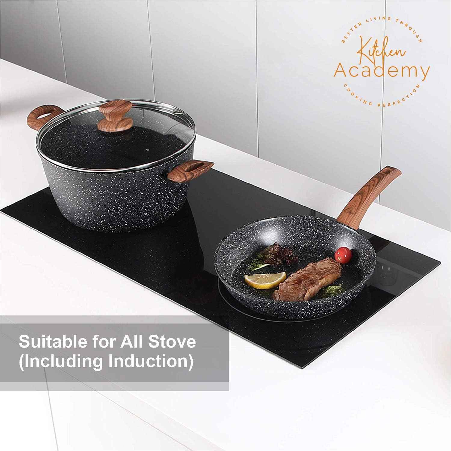Kitchen Academy Induction Pots and Pans Set Non Stick - 12 Piece Granite Cookware Set, Black Kitchen Nonstick Cooking Pans Set