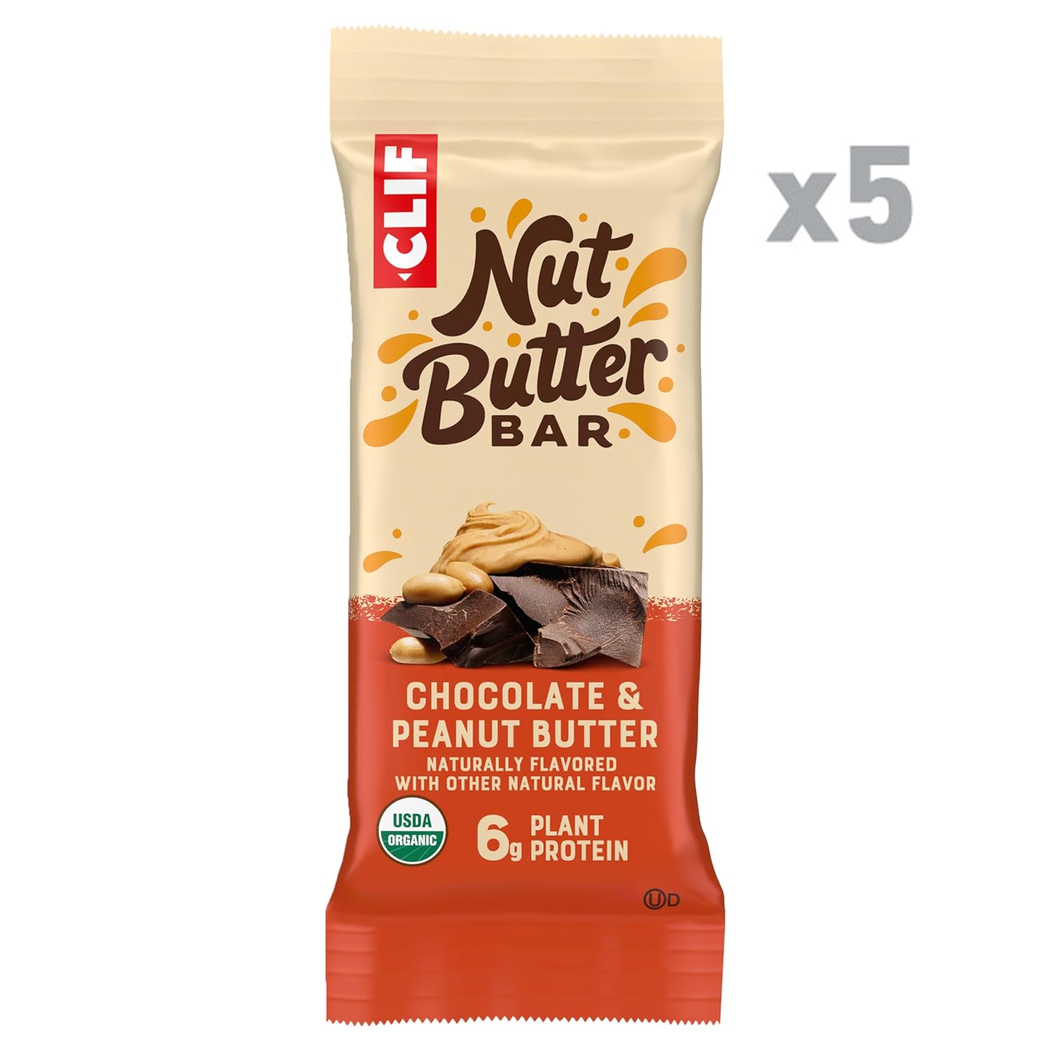 clif chocolate peanut butter energy snack bar, 1.76 oz, non-gmo, usda organic, 5 pack