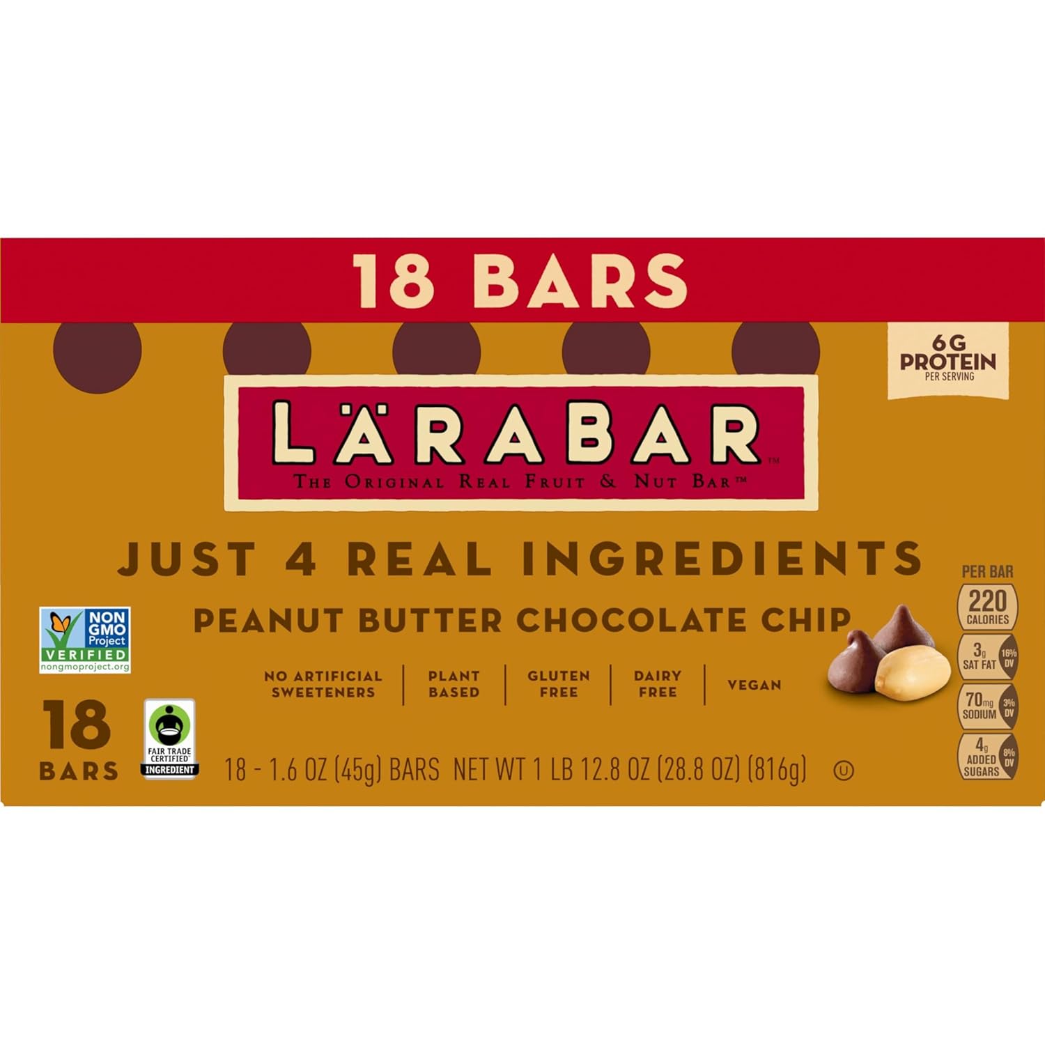 larabar peanut butter chocolate chip bars, 28.8 oz, 18 ct, gluten free, vegan