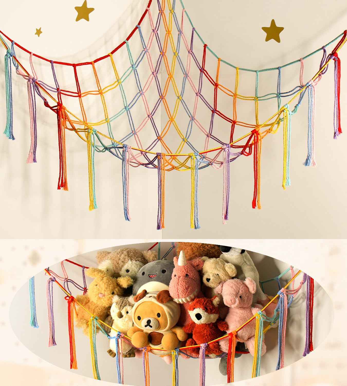 Stuffed Animal Hammock Corner Storage Net Cute Preppy Trendy Stuff Gifts for Teen Girls Baby Room Living Room House Wall Nursery Decor Rainbow Color Colorful Unicorn Hanging Organizers Organization