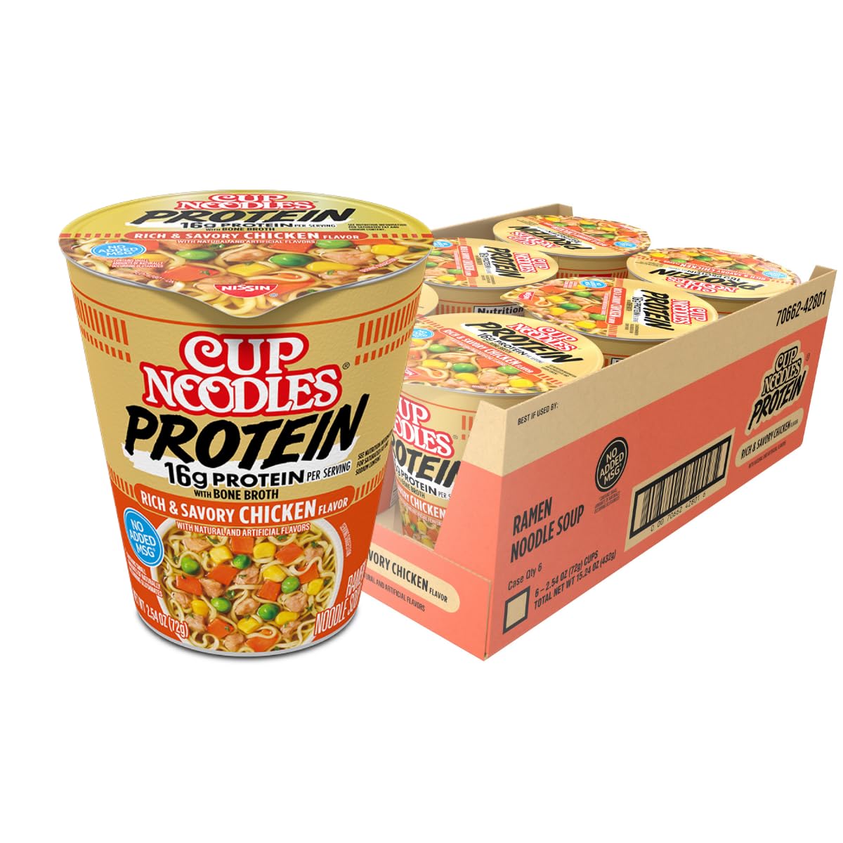 Nissin Cup Noodles Protein Ramen Chicken Flavor 16g Protein 2.54 Ounce Cup Pack of 6