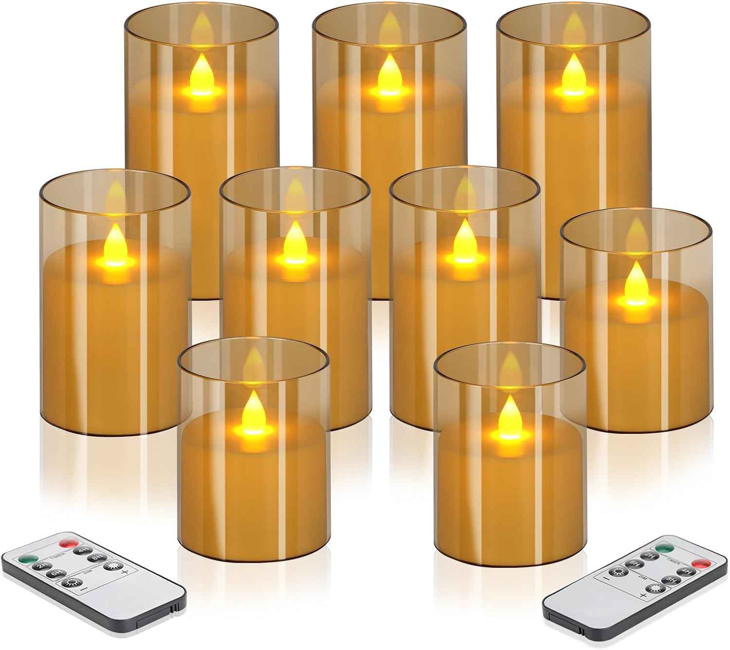 Flameless Candles 4" 5" 6" Set of 3 Acrylic Glass Pillars 3" Diameter Battery Operated Flickering Candles Include 10-Key Remote with Timer Function 400+ Hours (Gray, Warm Light 3 Pack)