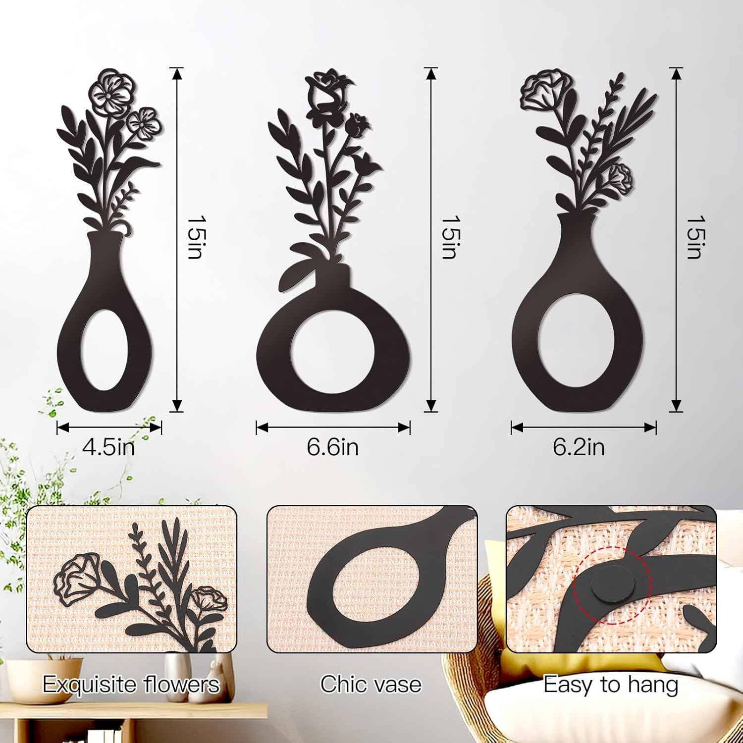 3 Pcs Black Flowers and Vases Decor Metal Flower Wall Decoration Metal Vase Wall Art Floral Home Decor Minimalist Art for Home Living Room Bathroom Dining Room (Modern)