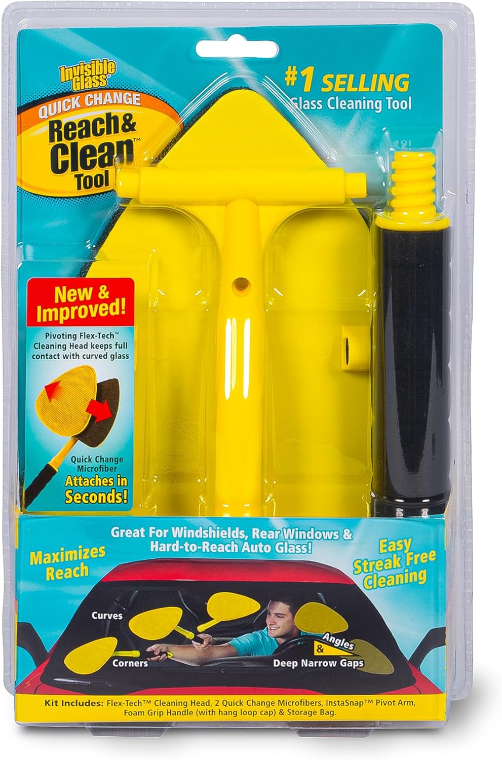 Invisible Glass reach & clean glass windshield cleaner tool kit with extendable handle and reversible microfiber cloths for autos and windows