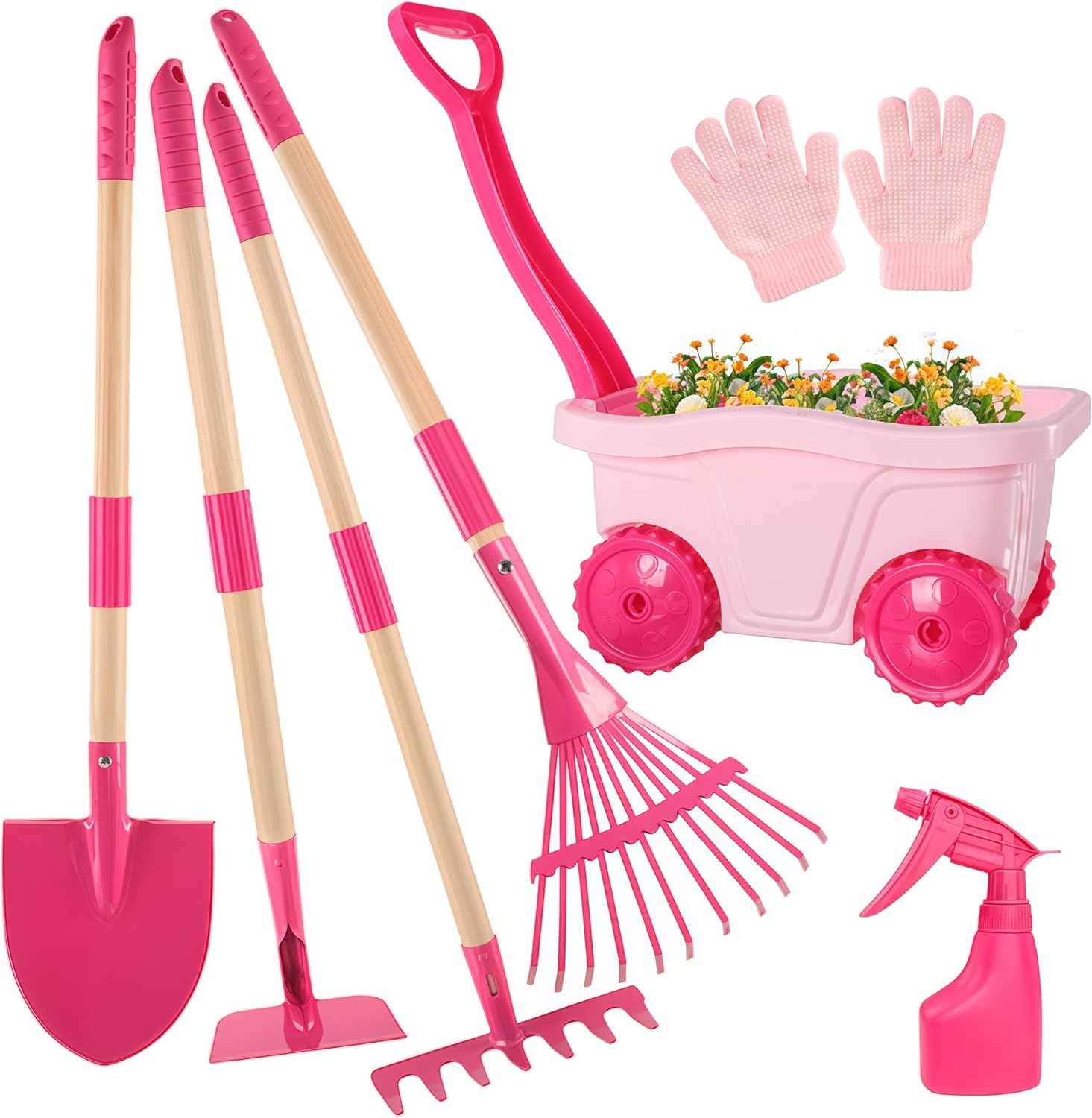 Duckura Kids Gardening Tools Set - 7pcs Wheelbarrow Set for Kids with Shovel, Rake, Leaf Rake, Summer Outdoor Yard Digging Weed Birthday Gifts Toys, Valentine's for Boys Girls Age 2 3+ Years(Green)