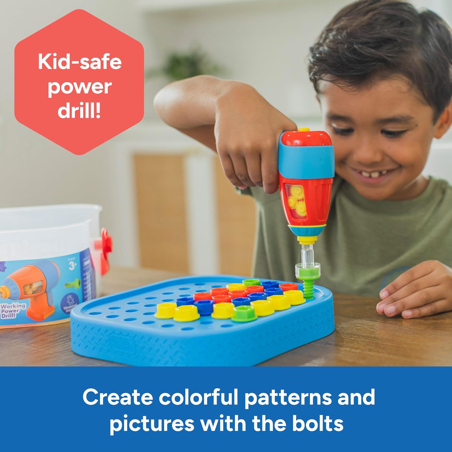 Educational Insights Design & Drill Bolt-It Bucket - Construction Toys & Toddler Tools, Kids Tool Set with Real Electric Drill Toy, Take Apart STEM Set, Building Kits and Gifts for Ages 3+
