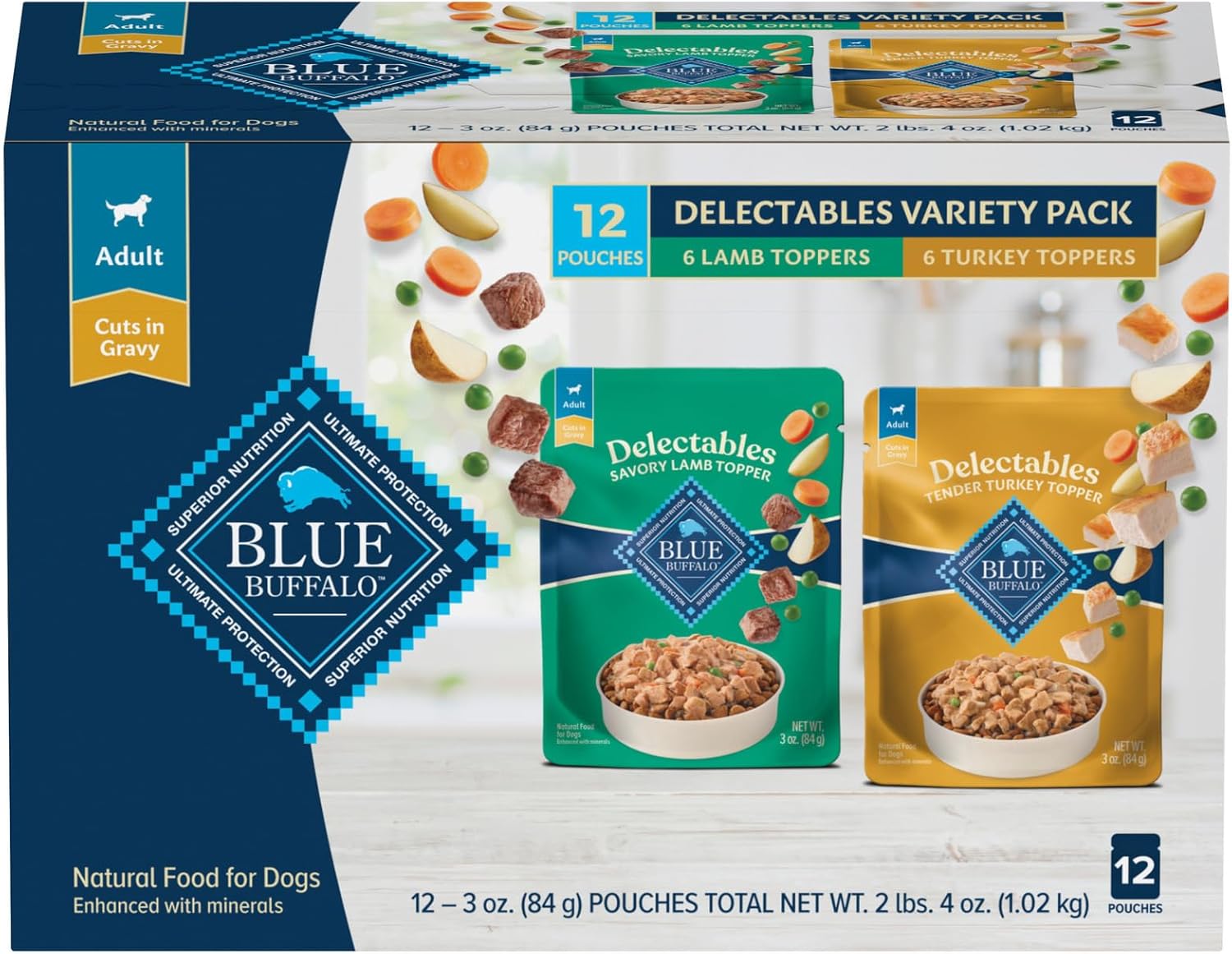 Blue Buffalo Delectables Natural Wet Dog Food Topper Variety Pack, Lamb & Turkey Dinner, 3oz, 12-Pack, 6-Flavor Assortment