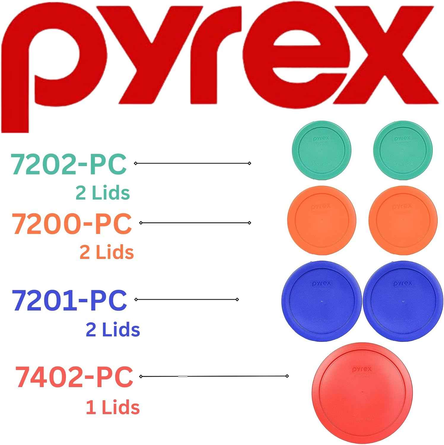 Pyrex (2) 7202-PC Green, (2) 7200-PC Orange, (2) 7201-PC Cobalt Blue, (1) 7402-PC Red Food Storage Lids - Made in USA