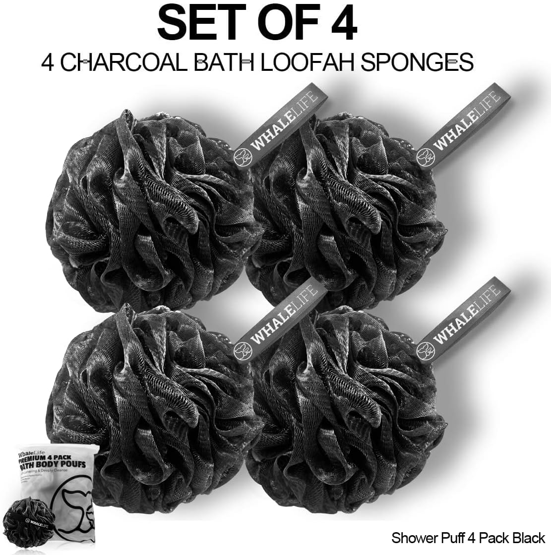 WhaleLife Shower Puff 4 Pack Black Bath Sponge Loofahs Pouf for Sensitive Skin