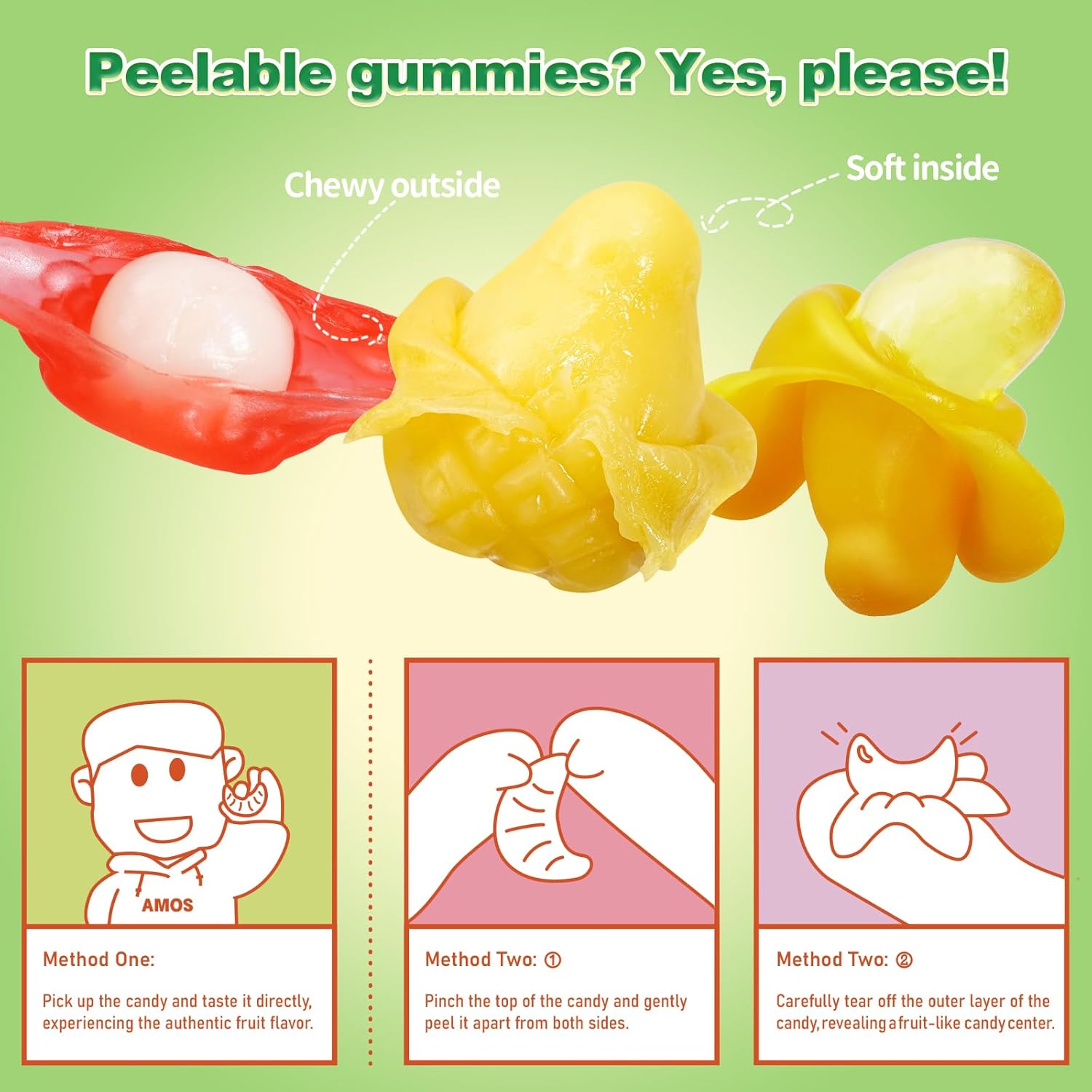 Amos Peelerz exotic fruit peelable gummy candy, 5 flavors, individually wrapped, 8.47oz, 240g