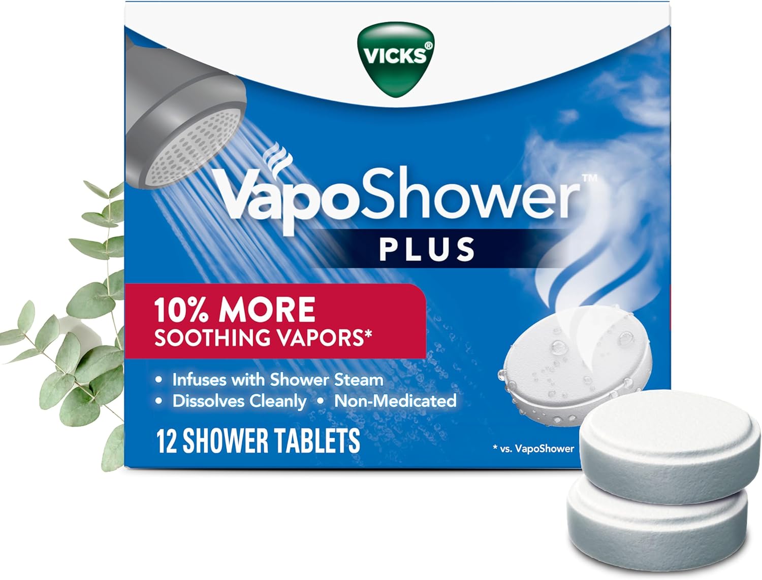 vicks, vapoShower plus, 12-count eucalyptus and menthol shower steamer tablets, non-medicated aromatherapy
