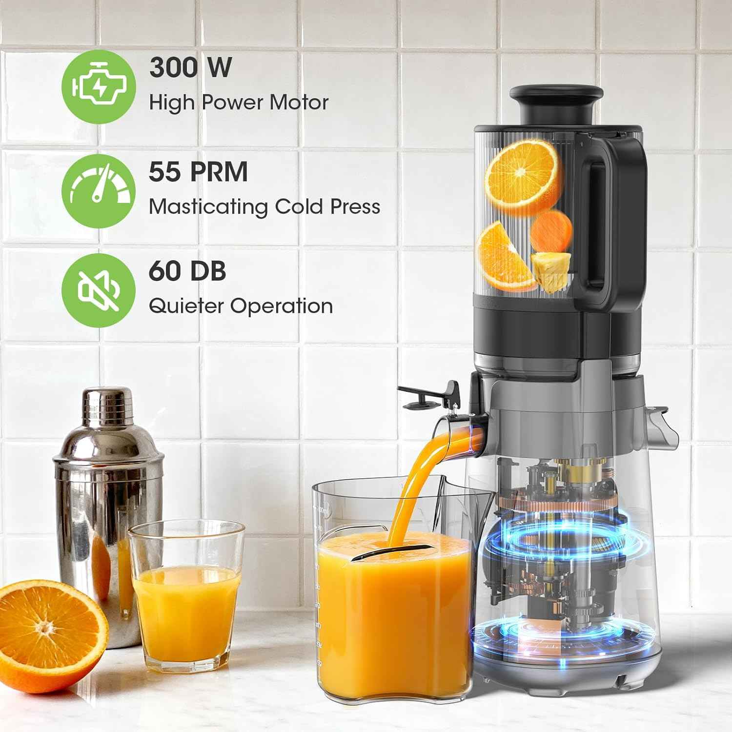 Juicer Machines, 5.3" Wide Feed Chute Cold Press Juicer for Whole Vegetables & Fruits, High Juice Yield, BPA Free (Slivery)