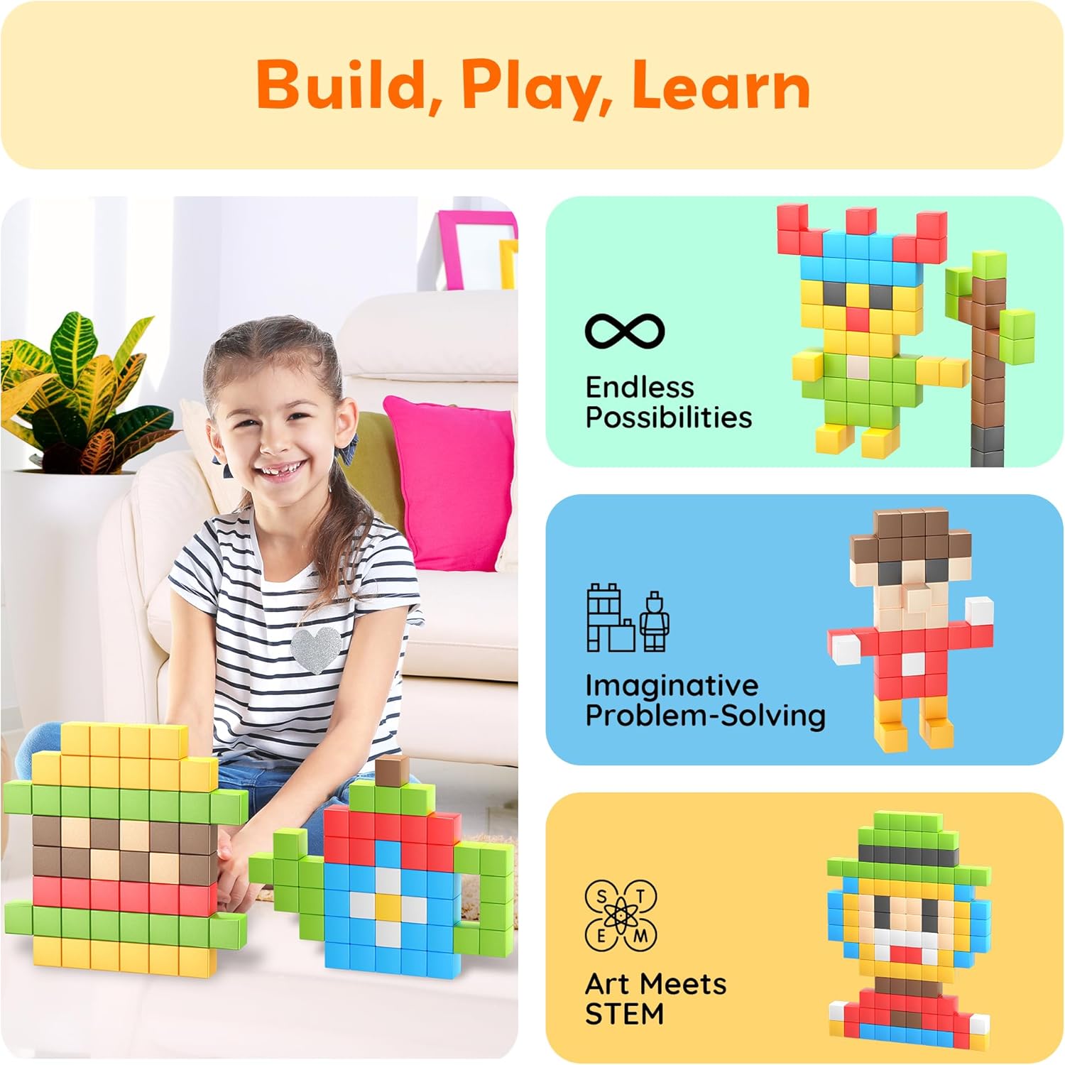 PicassoTiles 108pcs 1” Magnetic Puzzle Cubes Magnet Toys Preschool Construction Building Block Set Sensory Toy Early Education STEM Learning Come with Ideabook for Children Age 3+ Boy Girl PMC108