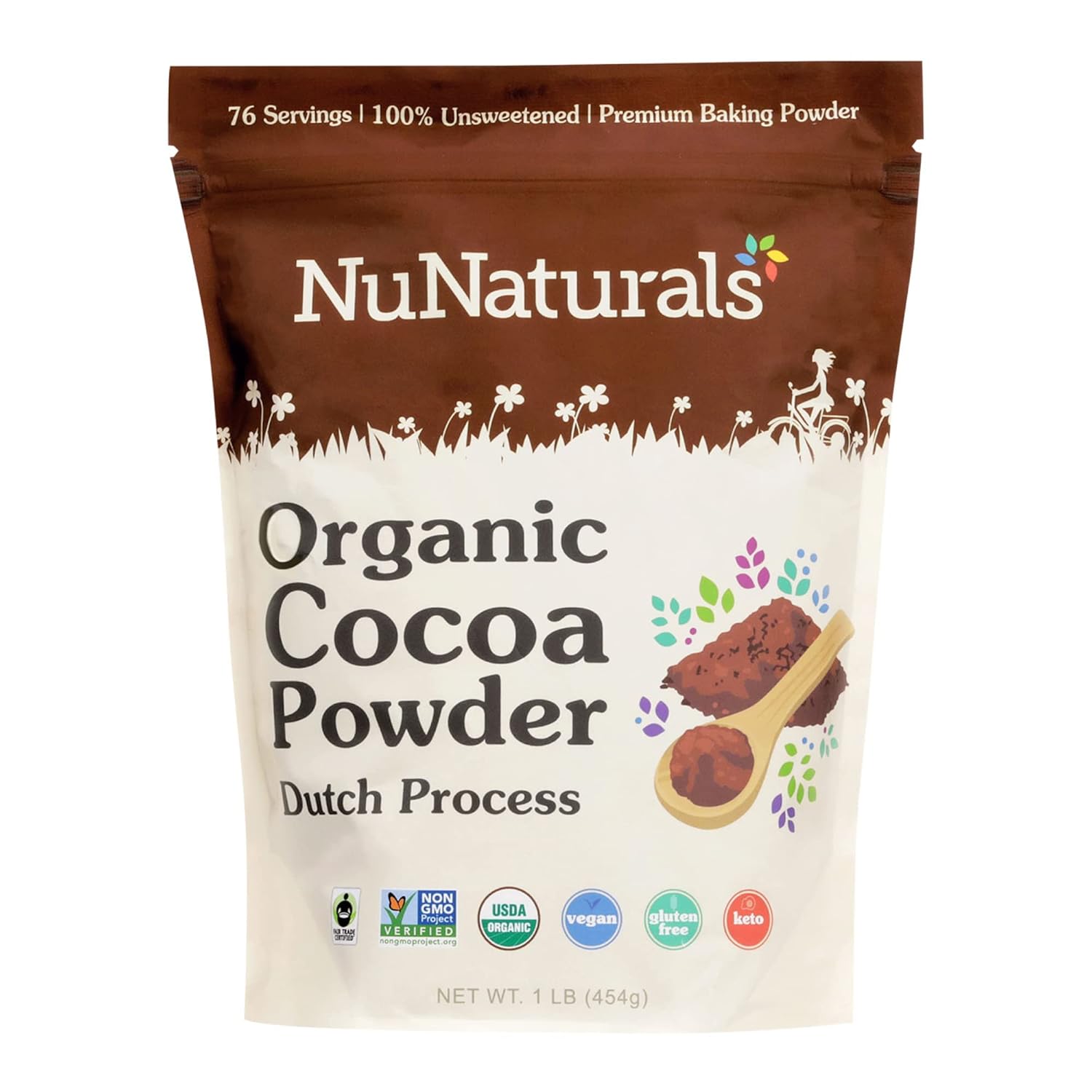 NuNaturals Unsweetened Organic Fairtrade Certified Dutch-Process Cocoa Powder, 1 lb for Baking and Drinking