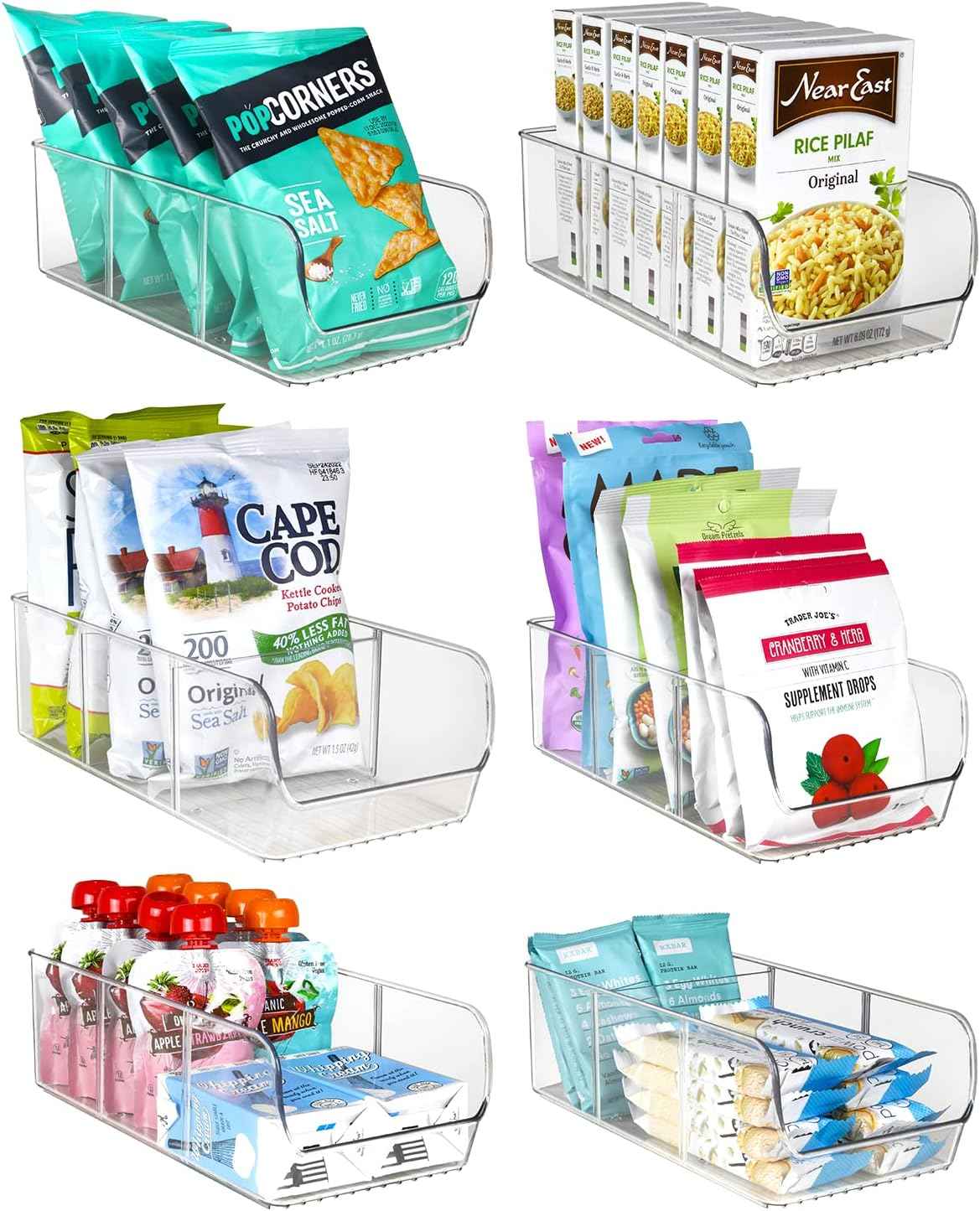 ELTOW 4-Pack Snack Organizer, 3-Compartment Plastic Bins with Removable Dividers, Chip & Food Storage for Pantry, Spices, Fridge, and Cabinet