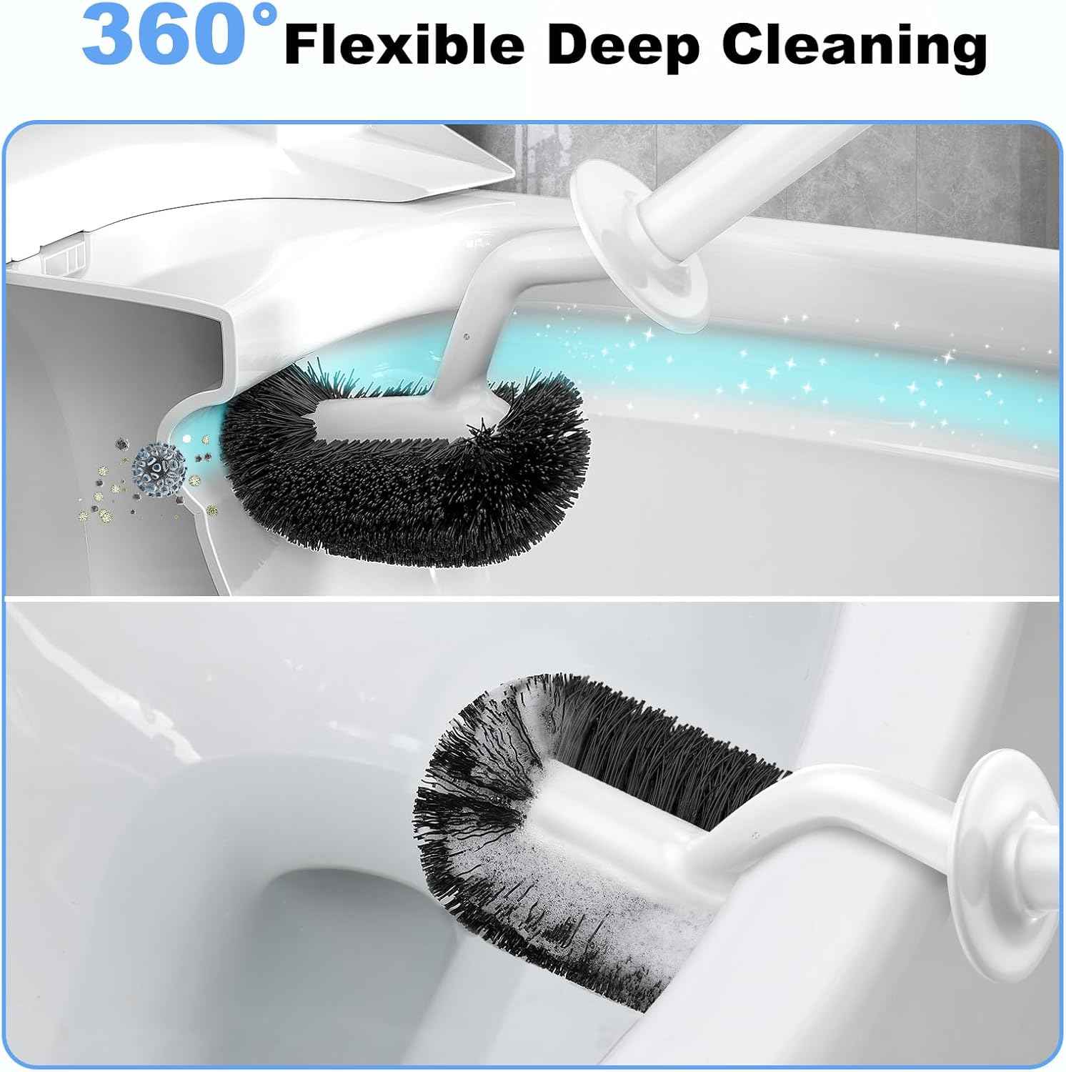 HAMITOR Toilet Bowl Brush Holder Set: Curved Design with Holder for Deep Cleaning Under Rim - Compact Hidden Scrubber for Small Space - Modern RV Bathroom Accessories - White