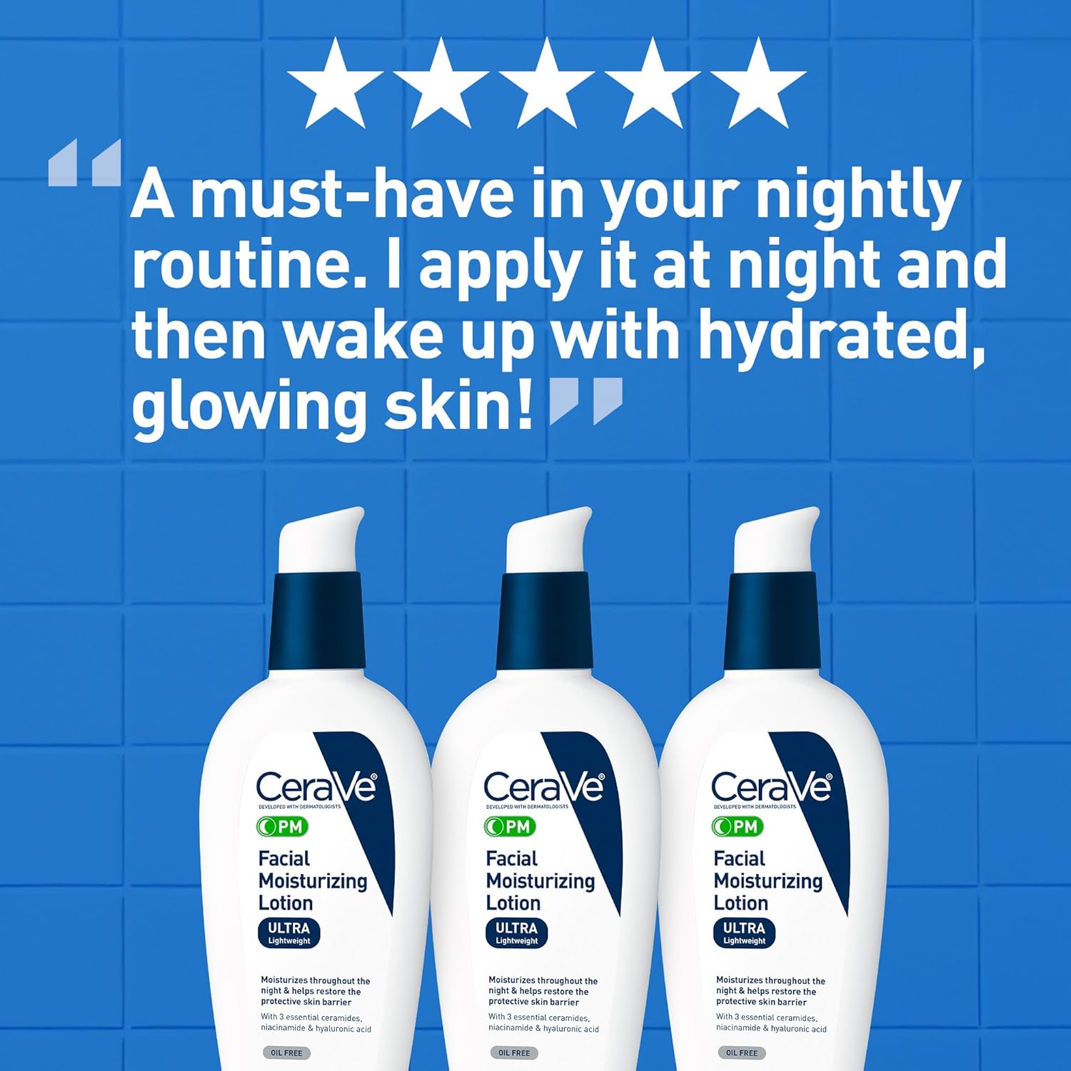 cerave pm facial moisturizing lotion, 3 ounce, night cream with hyaluronic acid and niacinamide, oil-free