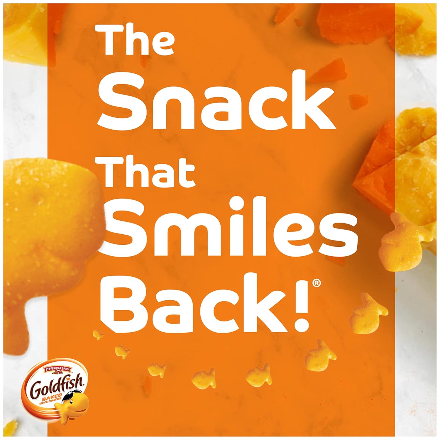 Goldfish cheddar cheese crackers, 27.3 oz carton, 100% real cheese, plant-based colors, 55 pieces per serving