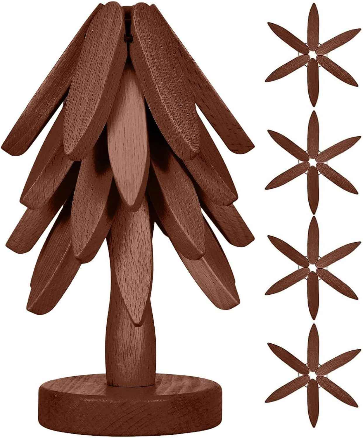 Wooden Cup Coaster Set，Tree Shape Trivet Set,Tree Coasters- 4 Wooden Trivets + 1 Stand stored for hot Dish/Pot/Bowl/teapot/hot Pot Set (Brown)