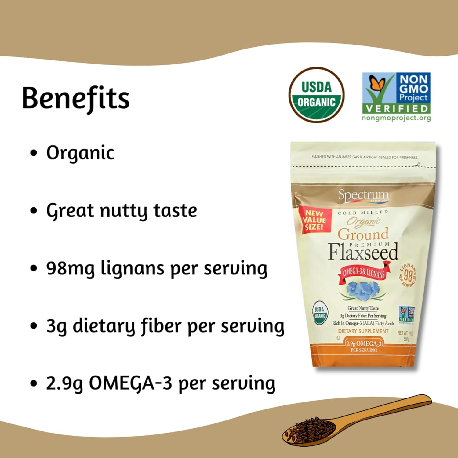 Spectrum Essentials 24 Oz Organic Ground Flaxseed, Gluten Free, Non-GMO and High in Omega-3 ALA Fatty Acids
