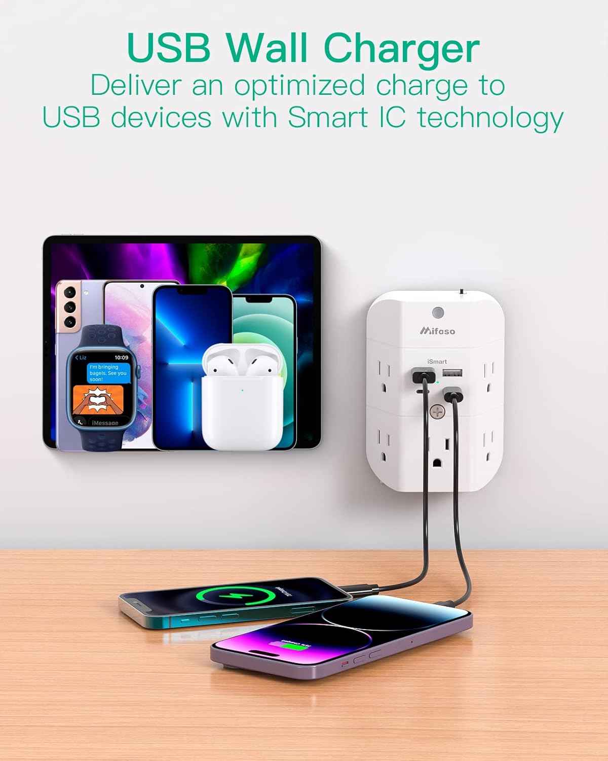 Surge Protector Outlet Extender - with Night Light, 5-Outlet Splitter and 4 USB Ports (2 USB C Charger), Multi Plug Outlet for Home, Dorm Room Essentials
