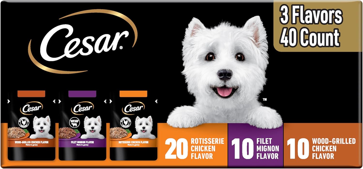 cesar filets in gravy wet dog food rotisserie chicken flavor, filet mignon flavor, and wood-grilled chicken variety pack for adult dogs