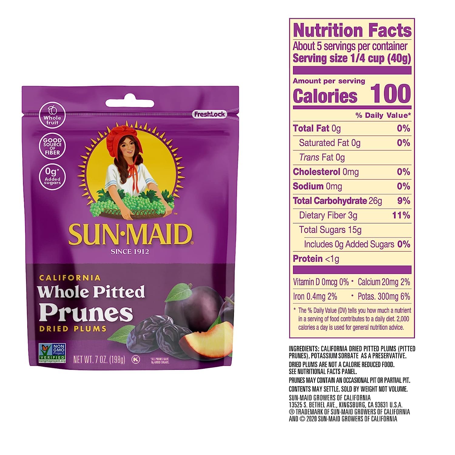 Sun-Maid California sun-dried whole pitted prunes, 4-pack, 7oz resealable bags, dried plums snack