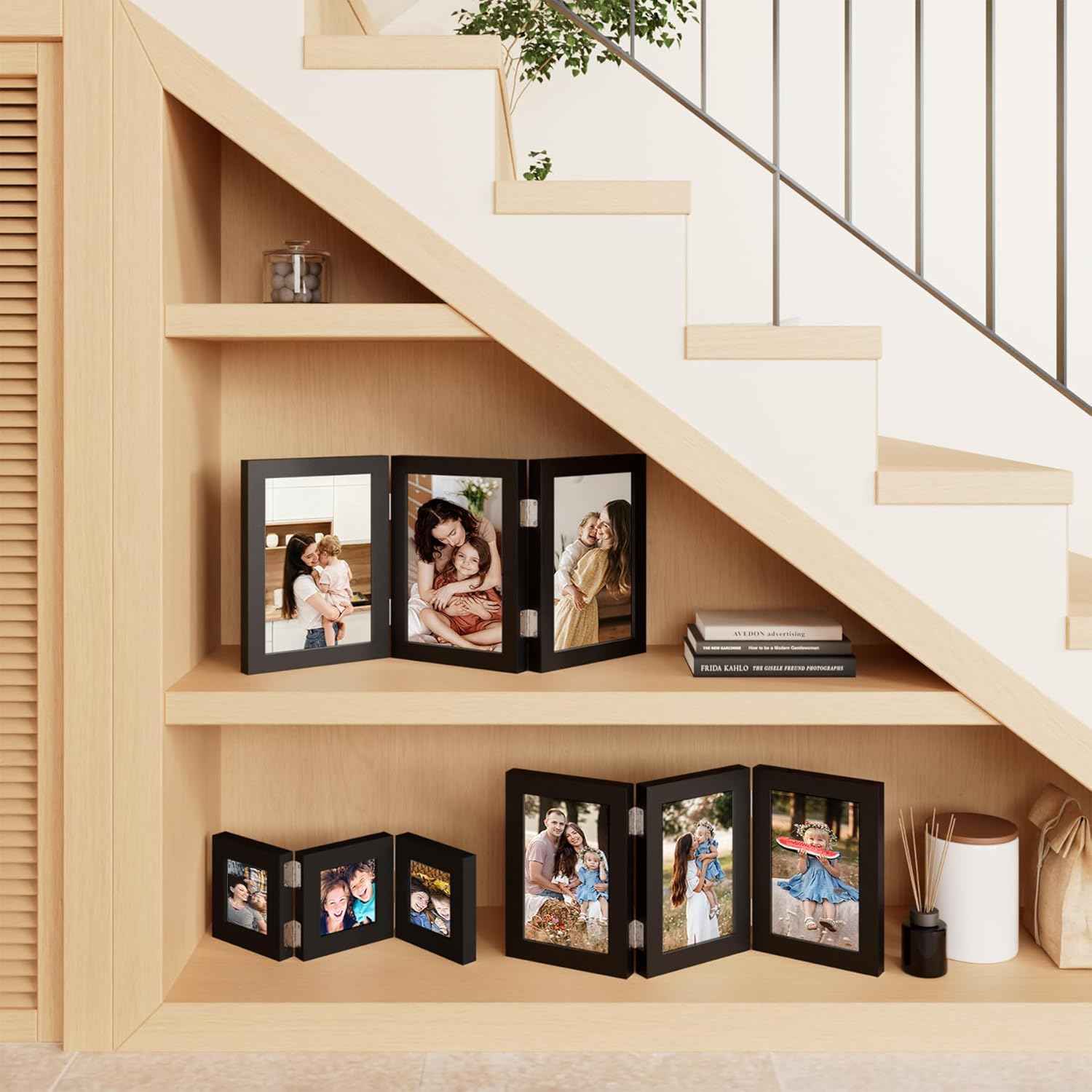 decorUhome Triple 4x6 Picture Frame Vertical, Engineered Wood Trifold Photo Frame with Plexiglass for Tabletop Display, 4x6, Black