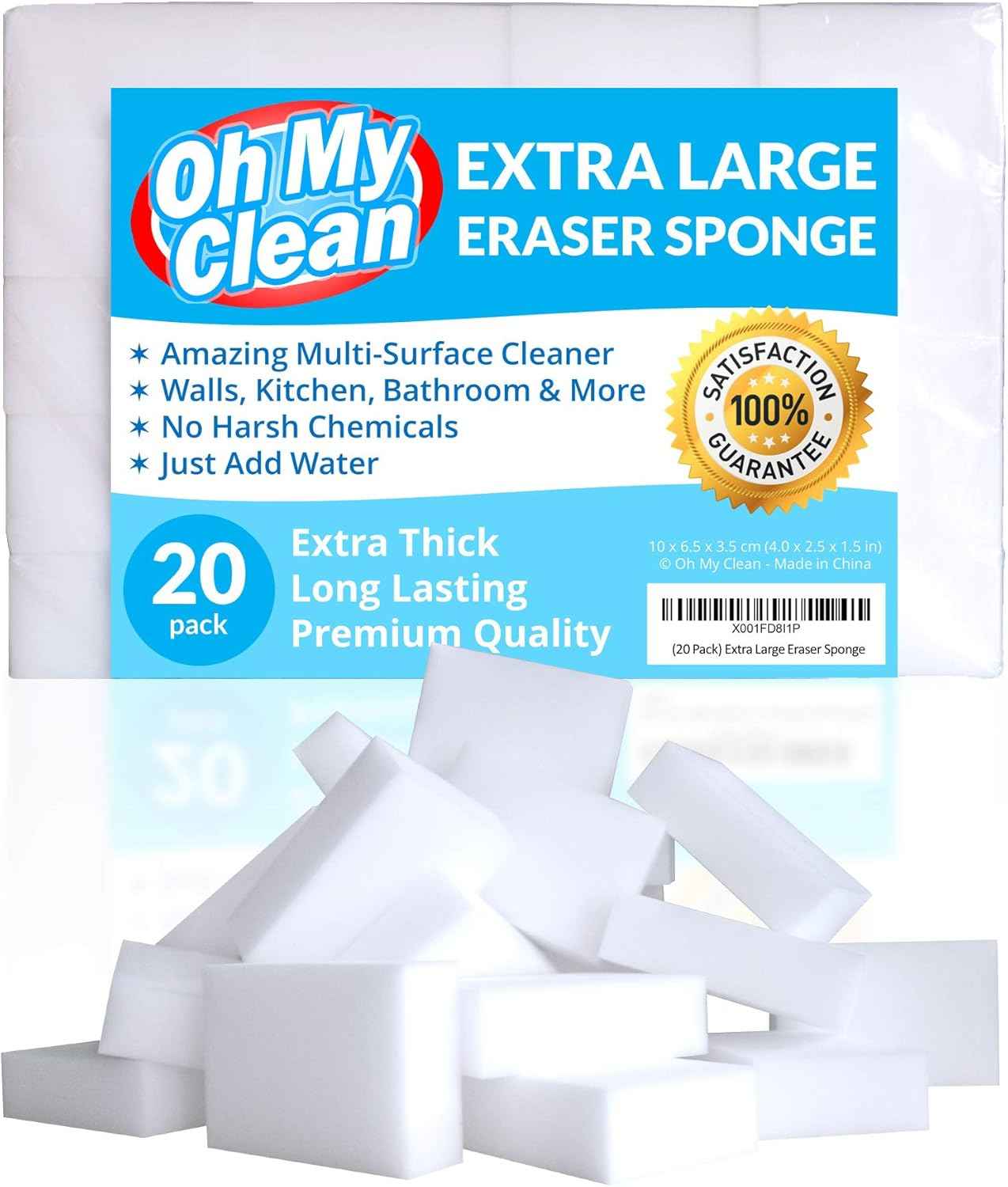 (20 Pack) Extra Large Eraser Sponge - Extra Thick, Long Lasting, Premium Melamine Sponges in Bulk - Multi Surface Power Scrubber Foam Cleaning Pads - Bathtub, Floor, Baseboard, Bathroom, Wall Cleaner