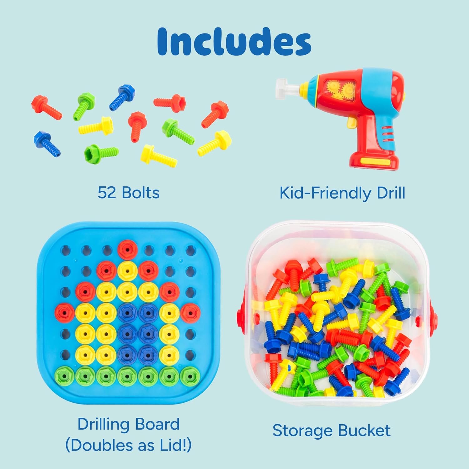 Educational Insights Design & Drill Bolt-It Bucket - Construction Toys & Toddler Tools, Kids Tool Set with Real Electric Drill Toy, Take Apart STEM Set, Building Kits and Gifts for Ages 3+