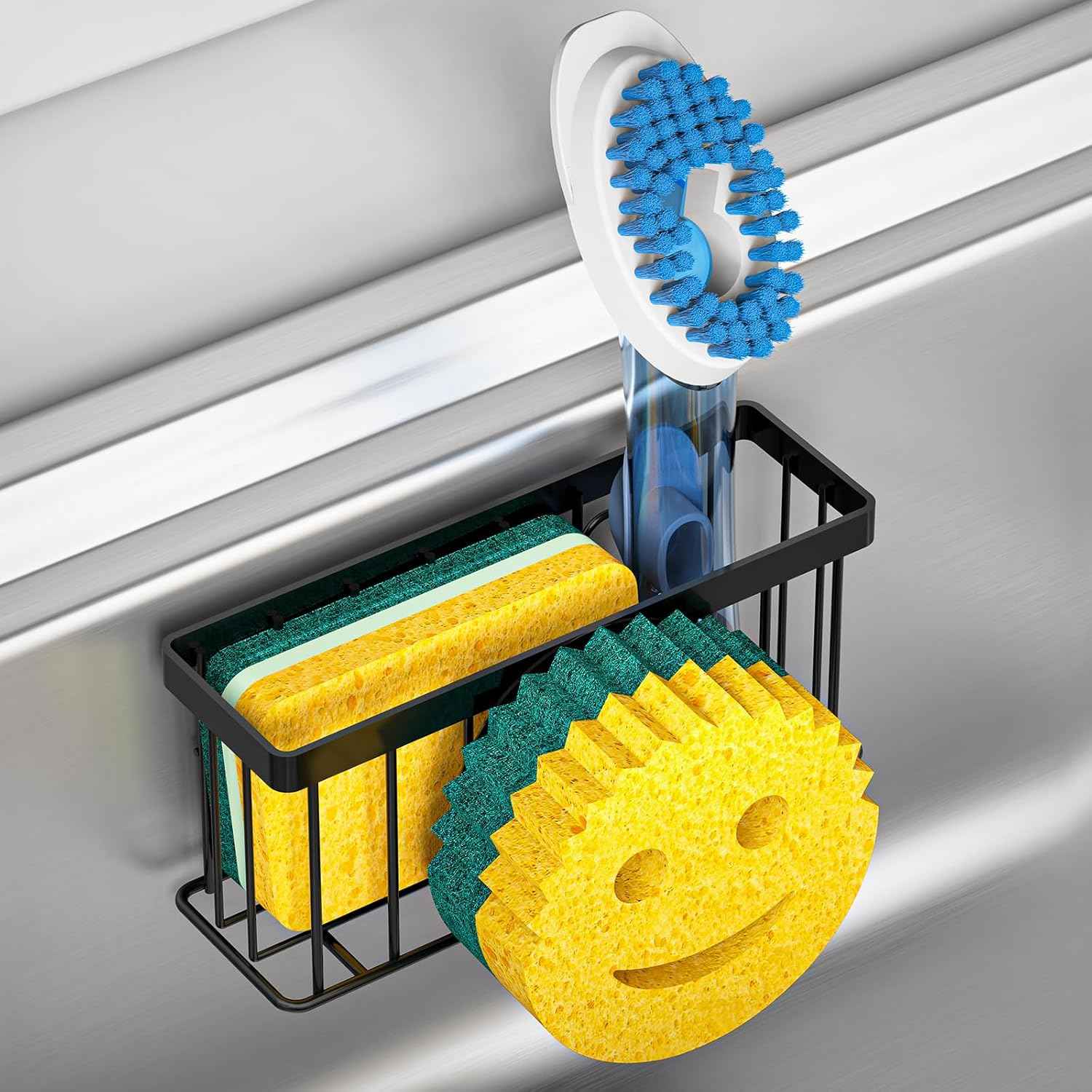 Sponge Holder Smiley Face,Sink Caddy,Sink Organizer with 2 Suction Cups/1 Adhesive Strips,Designed for Sponge,Soap,Dish Brush,Scrubber - Black
