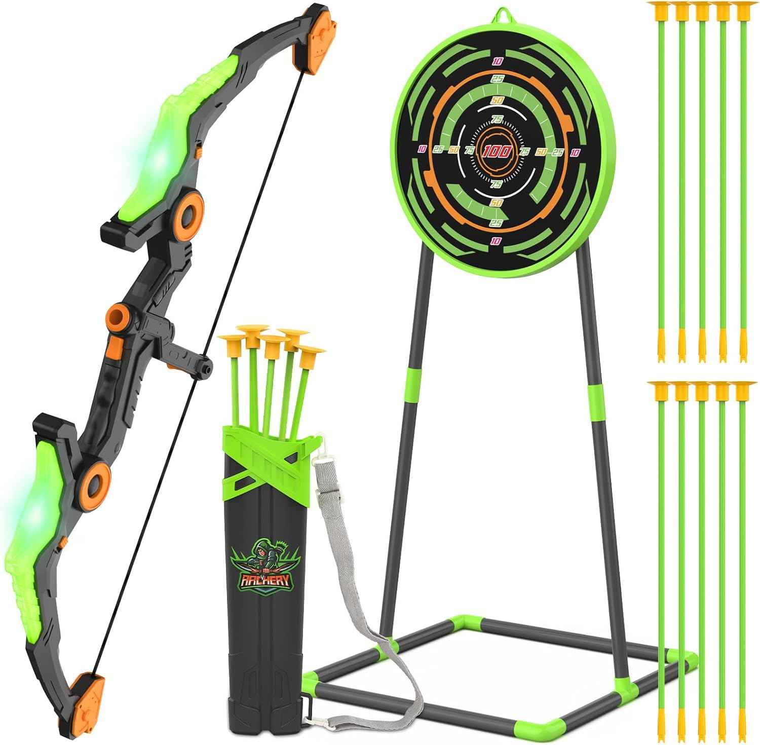 Kmuxilal 2 Pack Kids Bow and Arrow Set with LED Flash Lights, 14 Suction Cup Arrows and Fluorescence Standing Target-Perfect Indoor and Outdoor Game Archery Set Toy Gift for 4 5 6 7 8-12 Year Old Boys