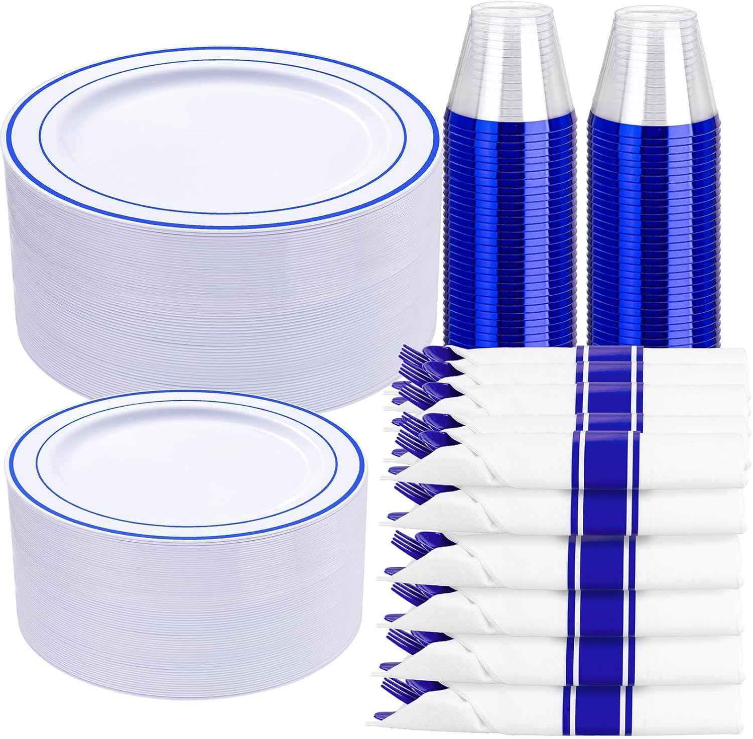 WELLIFE 700 Pieces Silver Plastic Dinnerware Set for 100 Guests - Includes Plates, Cups, Napkins, and Disposable Cutlery - Elegant White & Silver Design, Perfect for Parties and Events