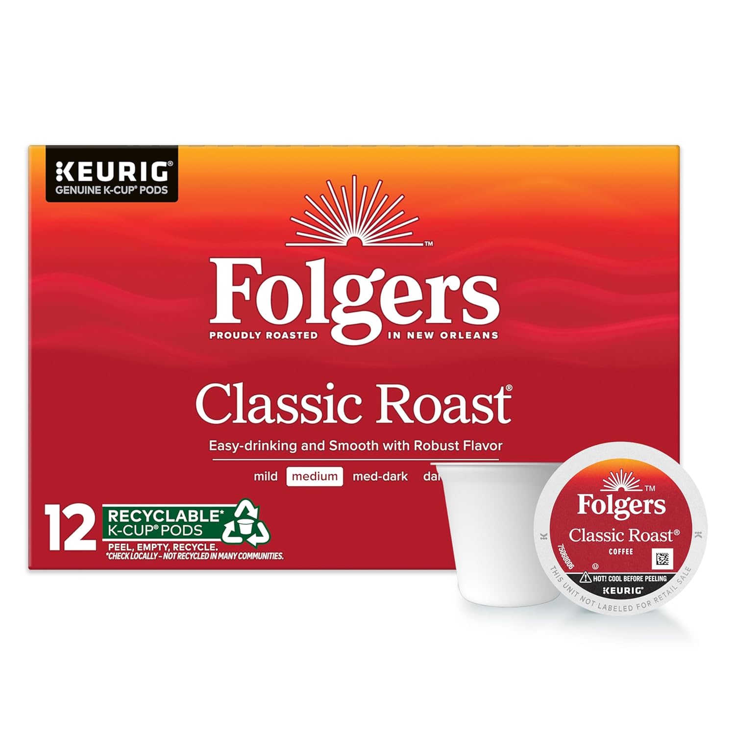 Folgers Classic Roast, 12-Count Medium Roast Coffee K-Cup Pods, 6-Pack