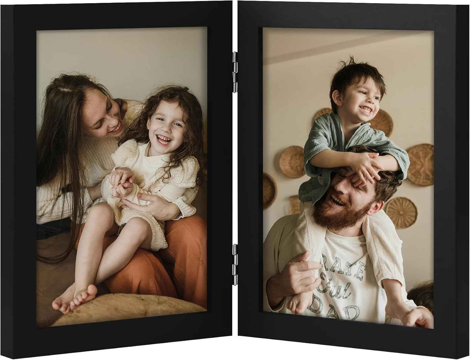 decorUhome Double 4x6 Picture Frame Vertical, Engineered Wood Bifold Photo Frame with Plexiglass for Tabletop Display, 4x6, Black