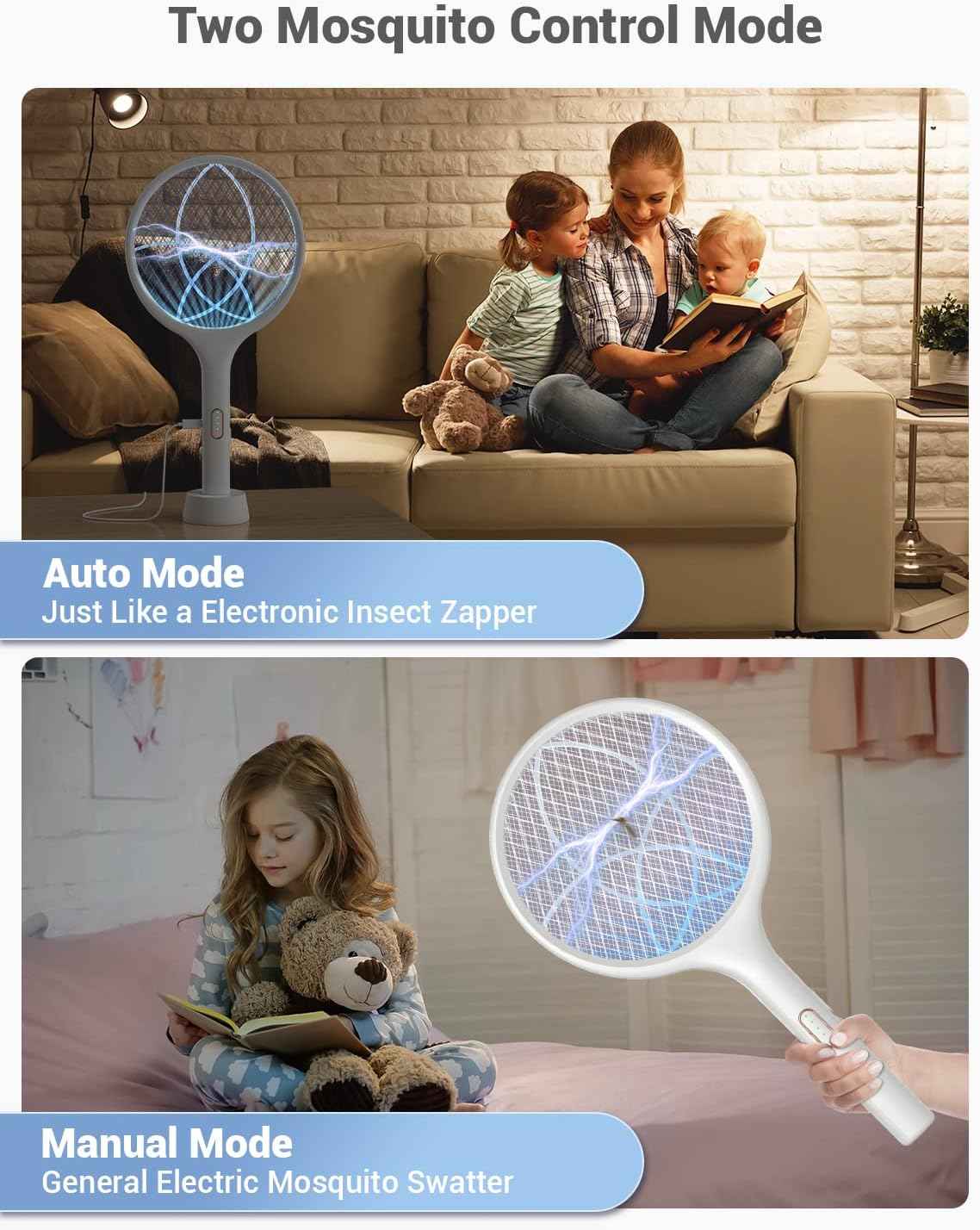 YISSVIC Electric Fly Swatter 4000V Bug Zapper Racket Dual Modes Mosquito Killer with Purple Mosquito Light Rechargeable for Indoor Home Office Backyard Patio Camping