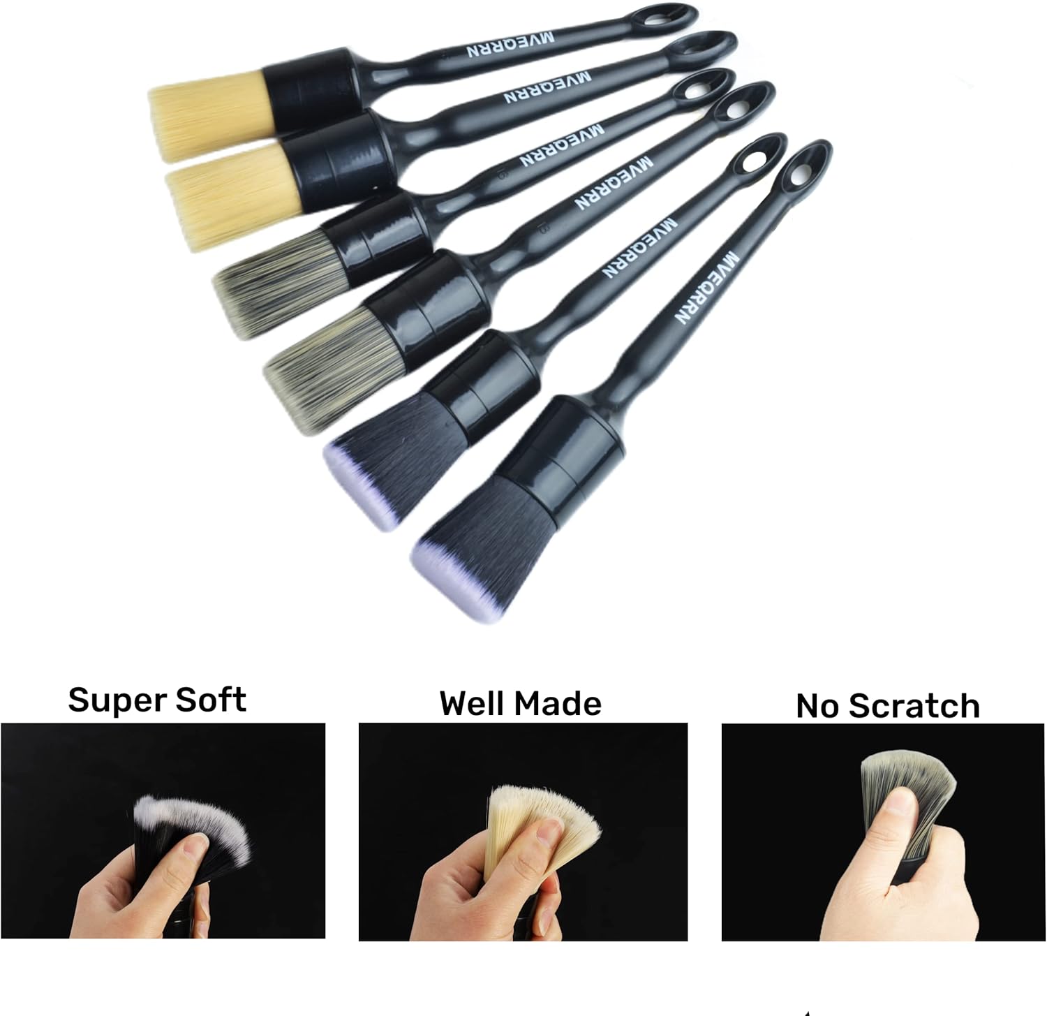 6pcs car detailing brush set with boar's hair, ultra soft, and multi-color detailing brushes for interior and exterior cleaning