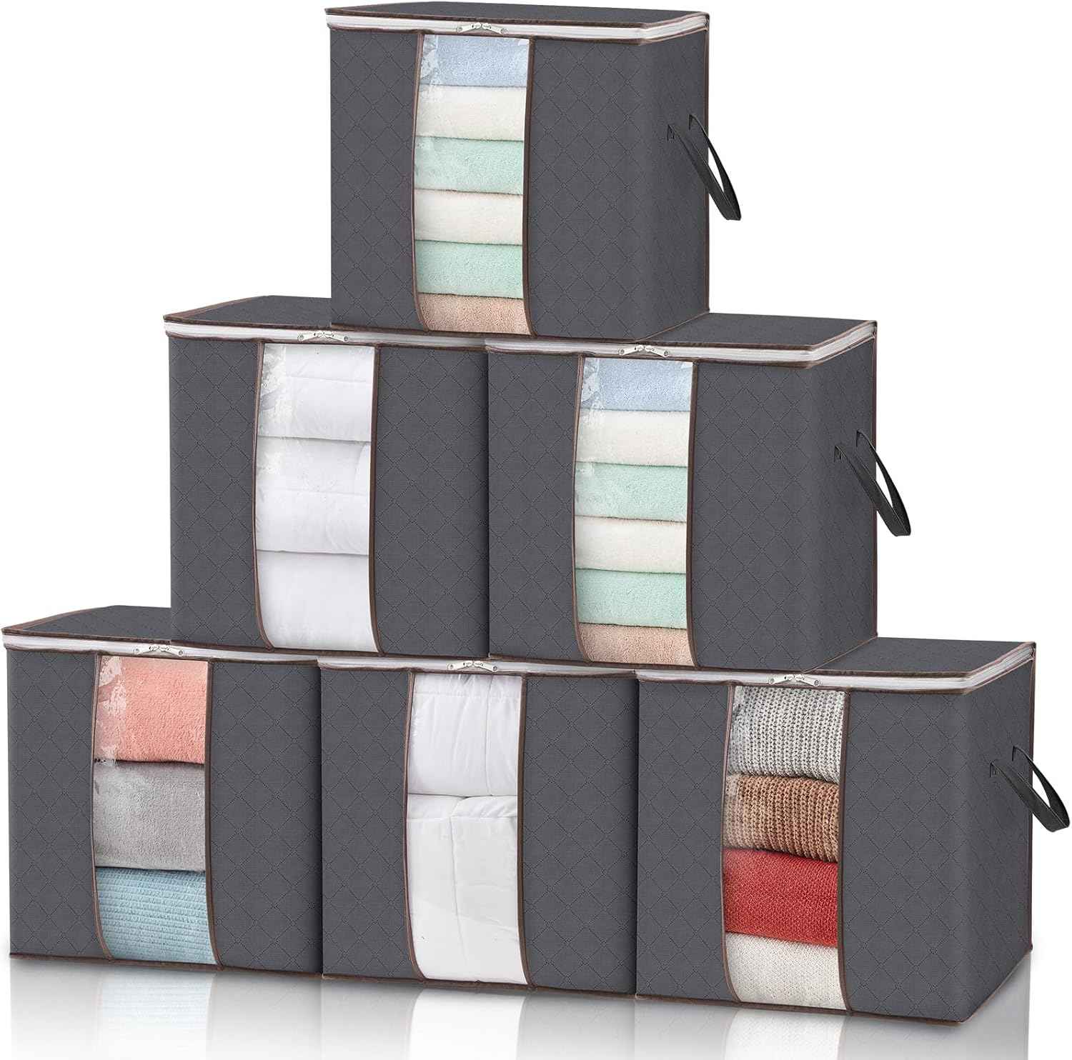 Lifewit 6 Pack Clothes Storage Bins with Lids, Foldable Blanket Storage Bags with Zippers, Clear Window and Reinforced Handles, Closet and Organization for Clothing, Sweater, Comforter, Bedding, Gray