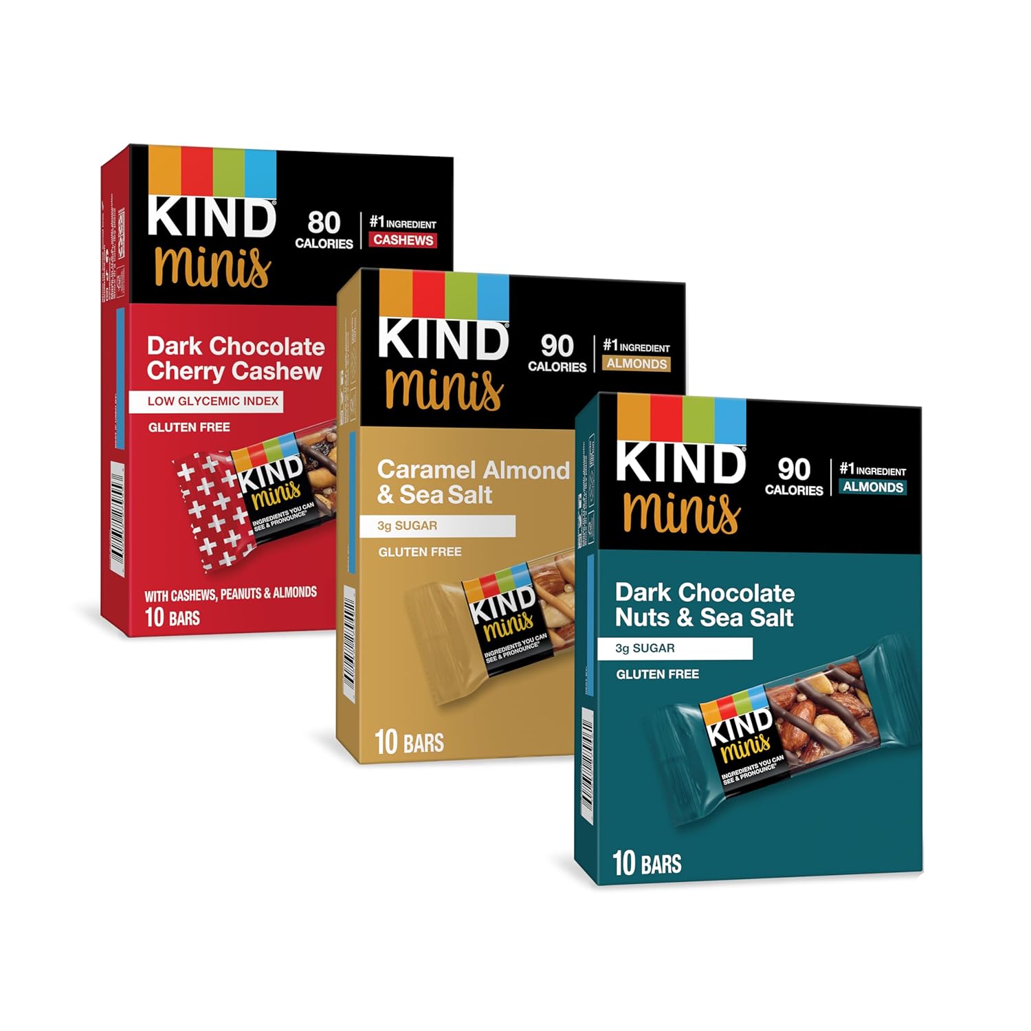 kind bar minis, variety pack, 30 count, gluten free, low calorie snacks