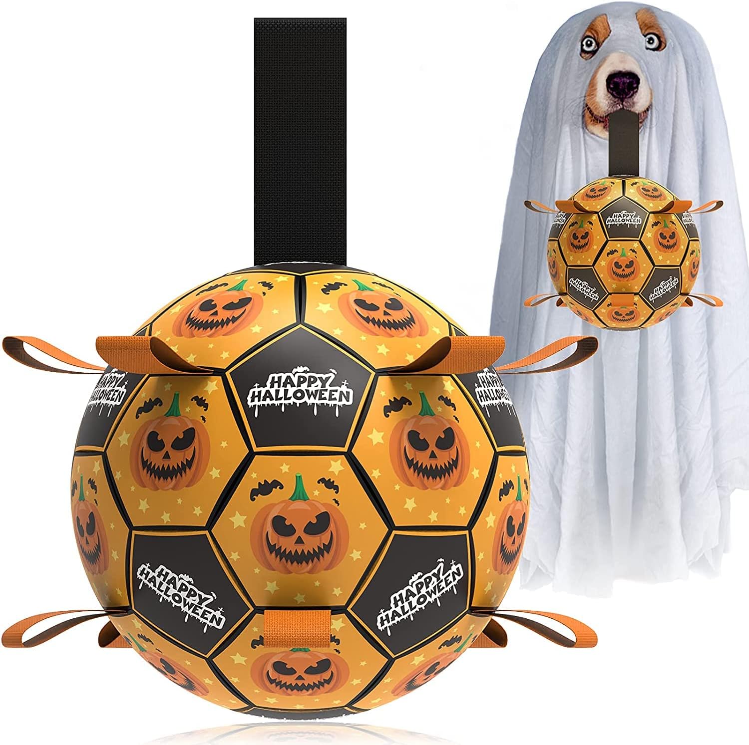 Qdan dog toys 6 inch world cup dog soccer ball with straps for small medium pet outdoor play