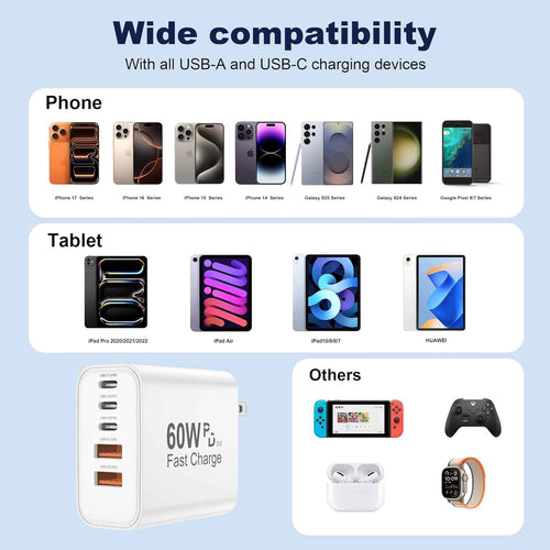 USB C Charger Block, 60W 5 in 1 Charging Blocks, PD 3.0 Fast Charger iPhone, QC 2A Wall Plug Multiport Type C Charging Block for iPhone 17 16 15 14 13 12 Pro Max, iPad, iPod, Samsung, AirPods Pro