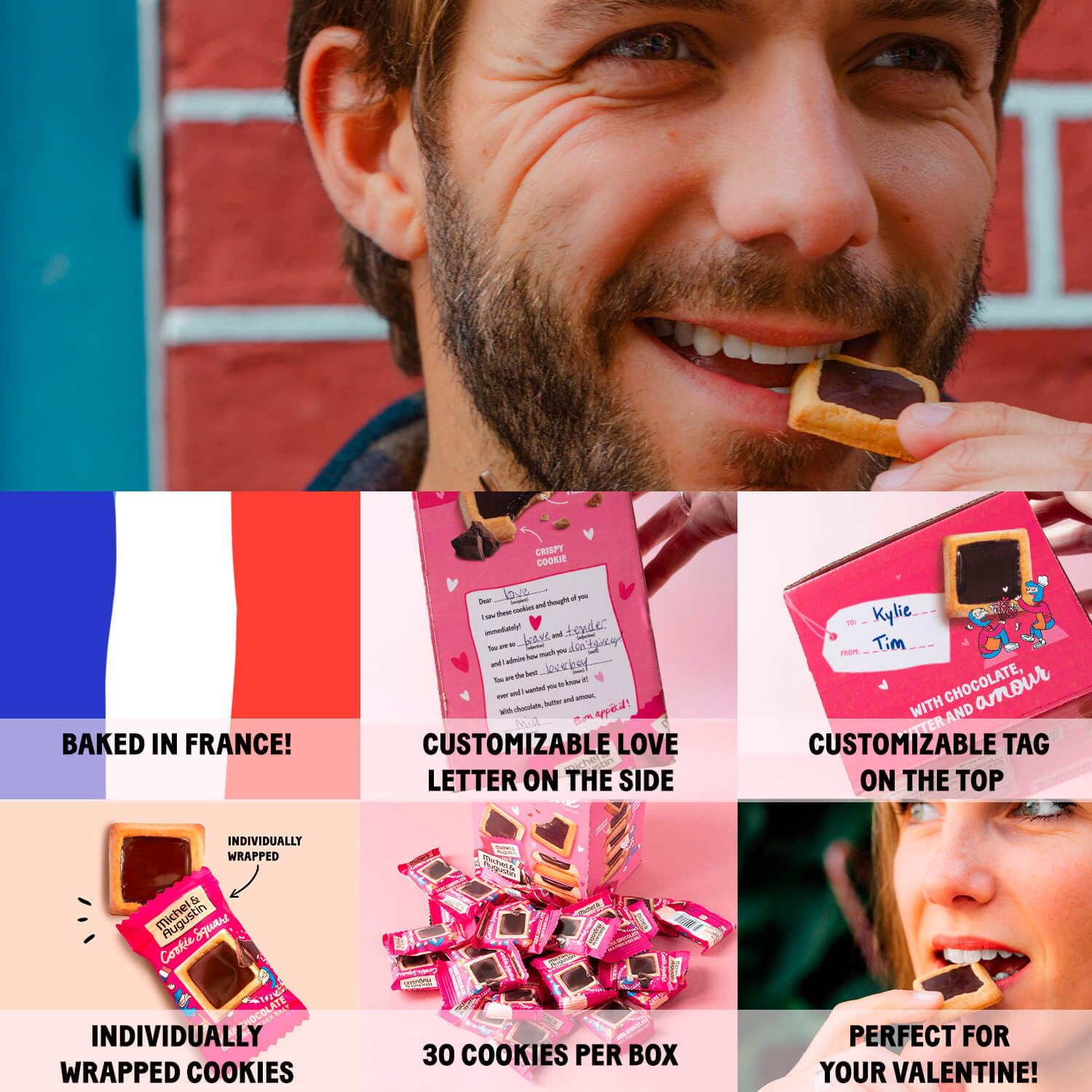 Michel et Augustin gourmet dark chocolate cookie squares, individually wrapped, 30-pack, French shortbread cookies with sea salt