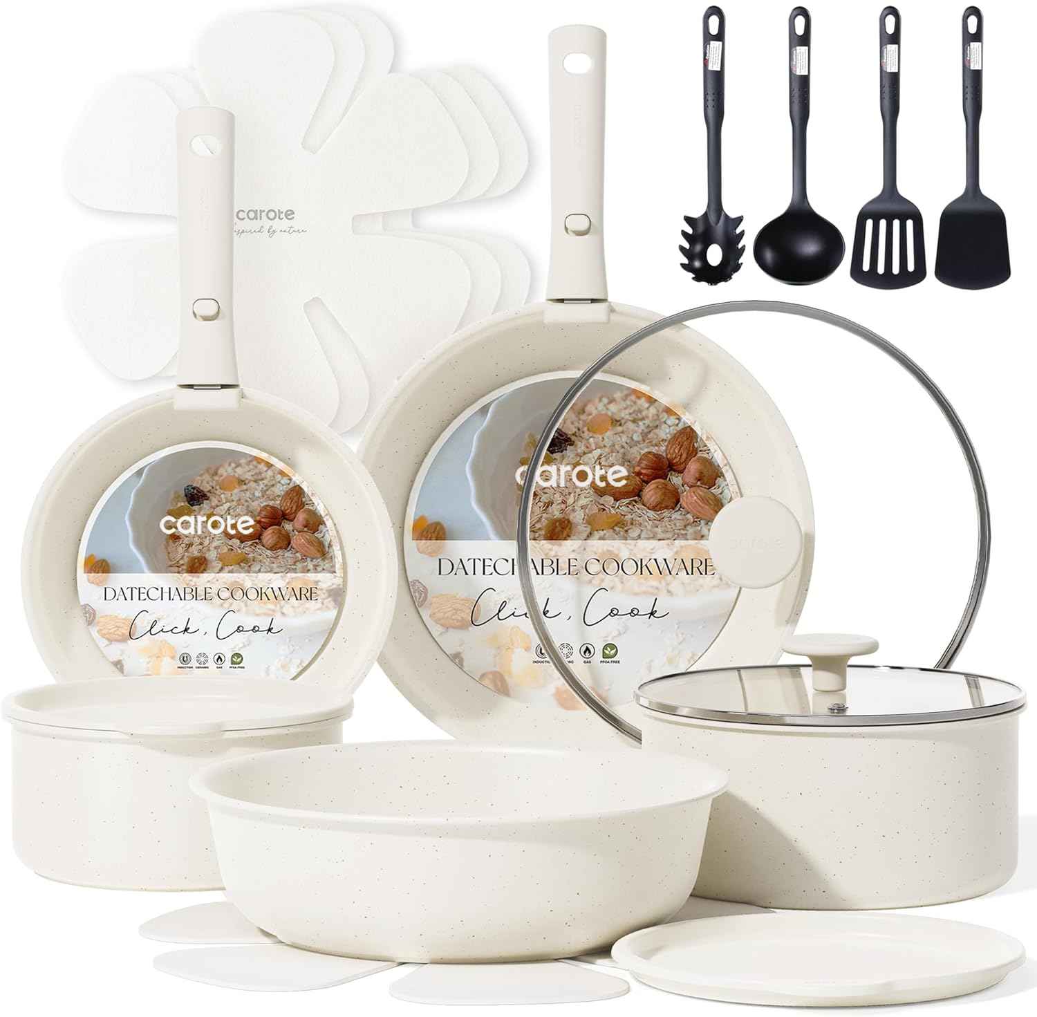 CAROTE 17pcs Pots and Pans Set, Nonstick Cookware Set Detachable Handle, Induction Kitchen Cookware Sets Non Stick with Removable Handle, RV Cookware Set, Oven Safe