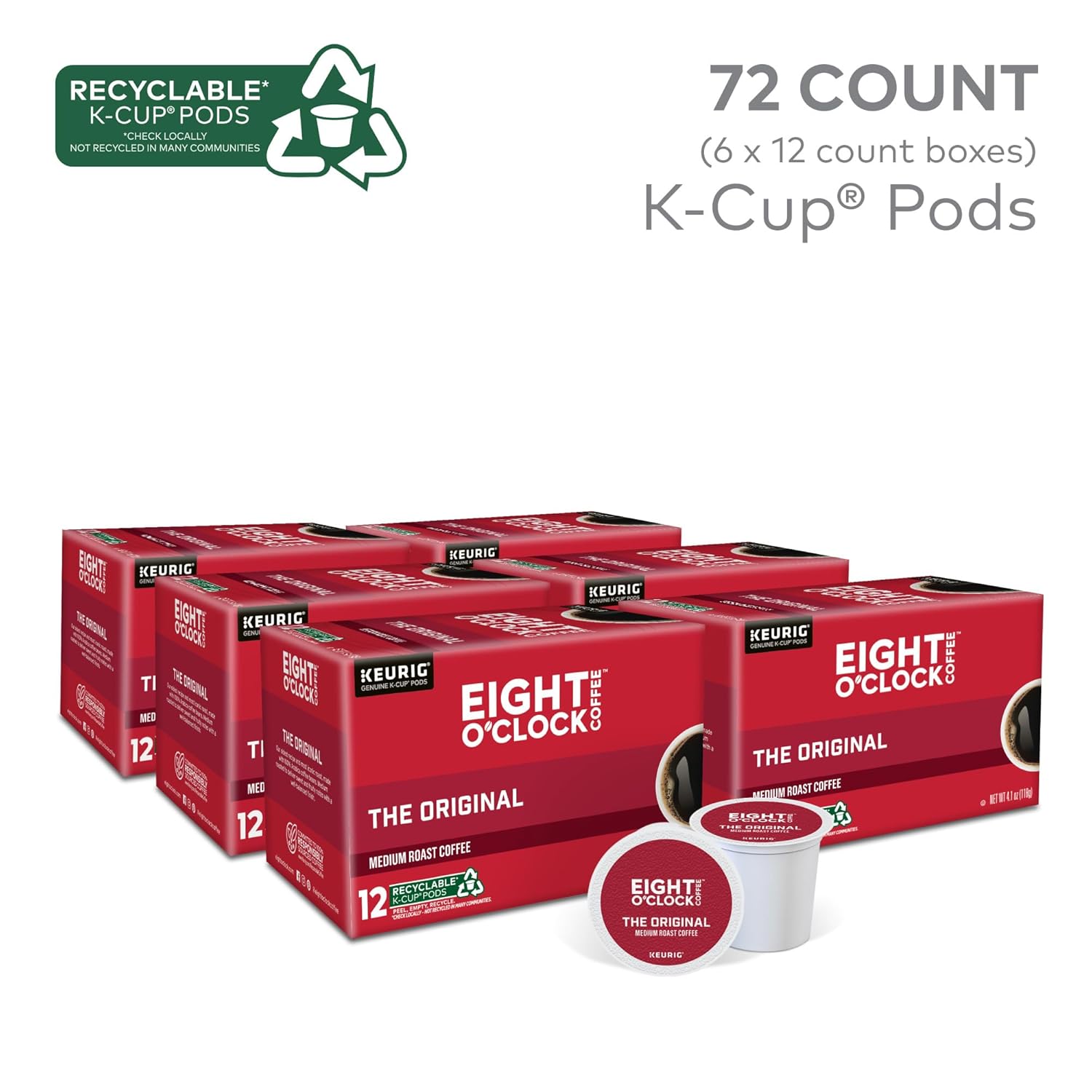 eight o'clock coffee the original, medium roast, keurig k-cup pods, 72 count, kosher