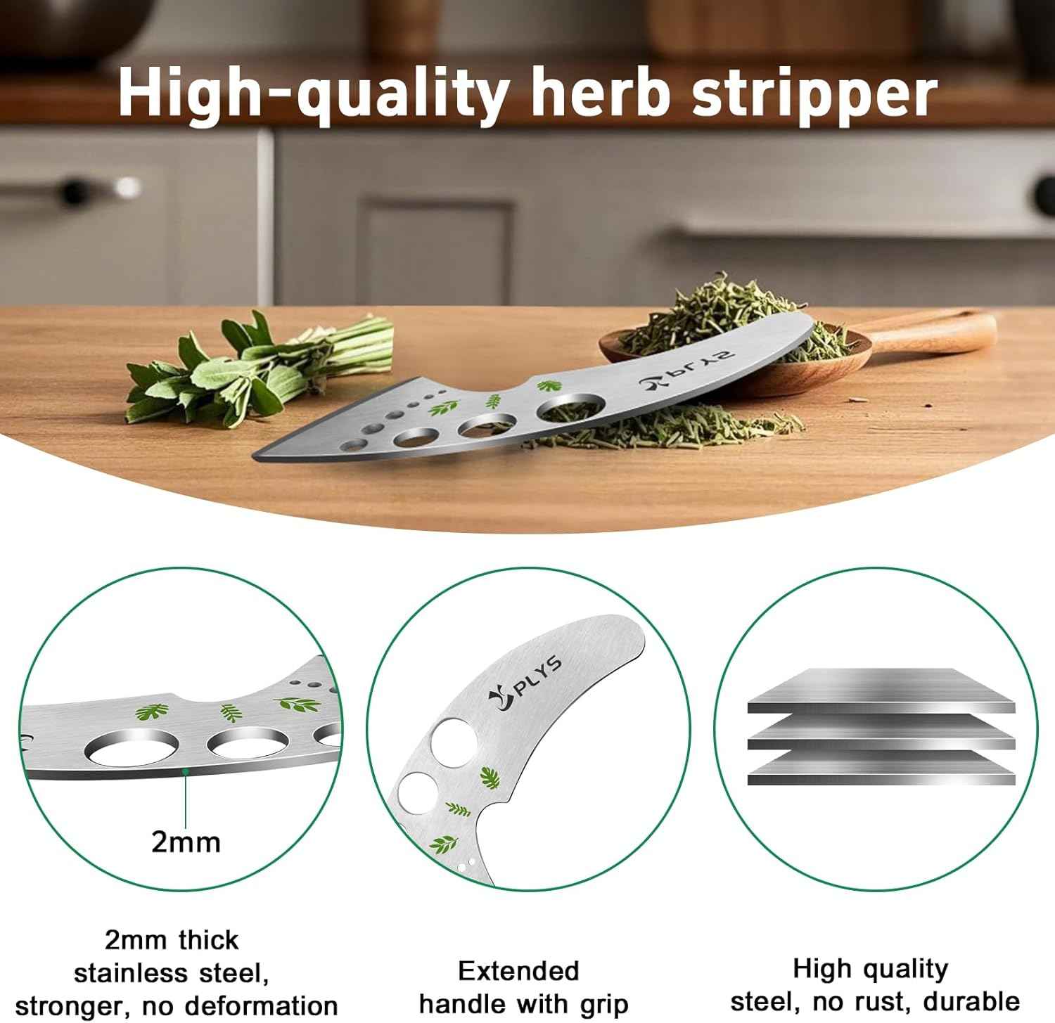 Plys Herb Stripper Tool 9 Holes - Stainless Steel Kitchen Herb Stripping Tool, Herb Leaf Peeler for Kale, Chard, Collard Greens, Rosemary, Thyme, Parsley and Basil, 2025 Professional Kitchen Gadgets