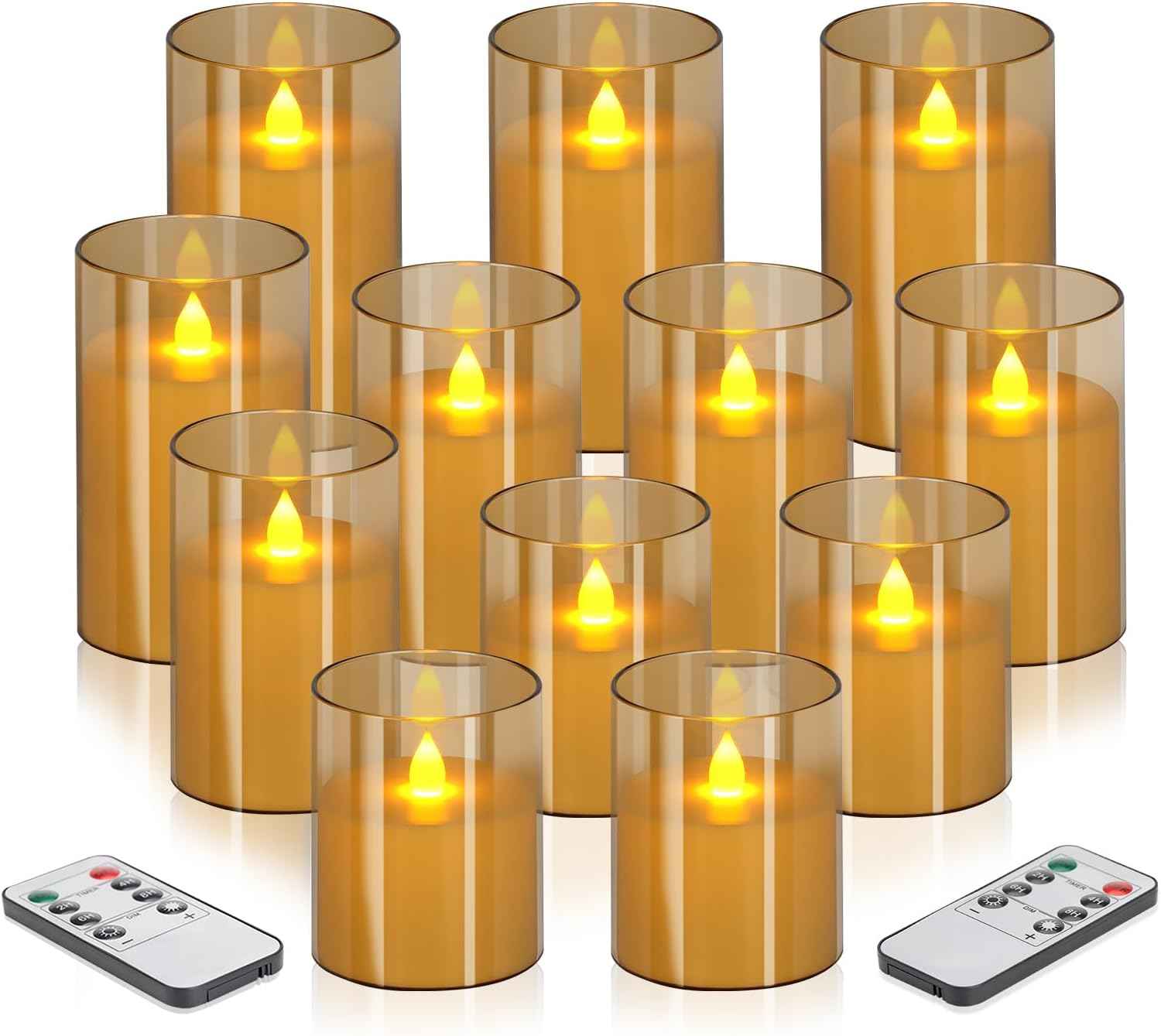 Flameless Candles 4" 5" 6" Set of 3 Acrylic Glass Pillars 3" Diameter Battery Operated Flickering Candles Include 10-Key Remote with Timer Function 400+ Hours (Gray, Warm Light 3 Pack)