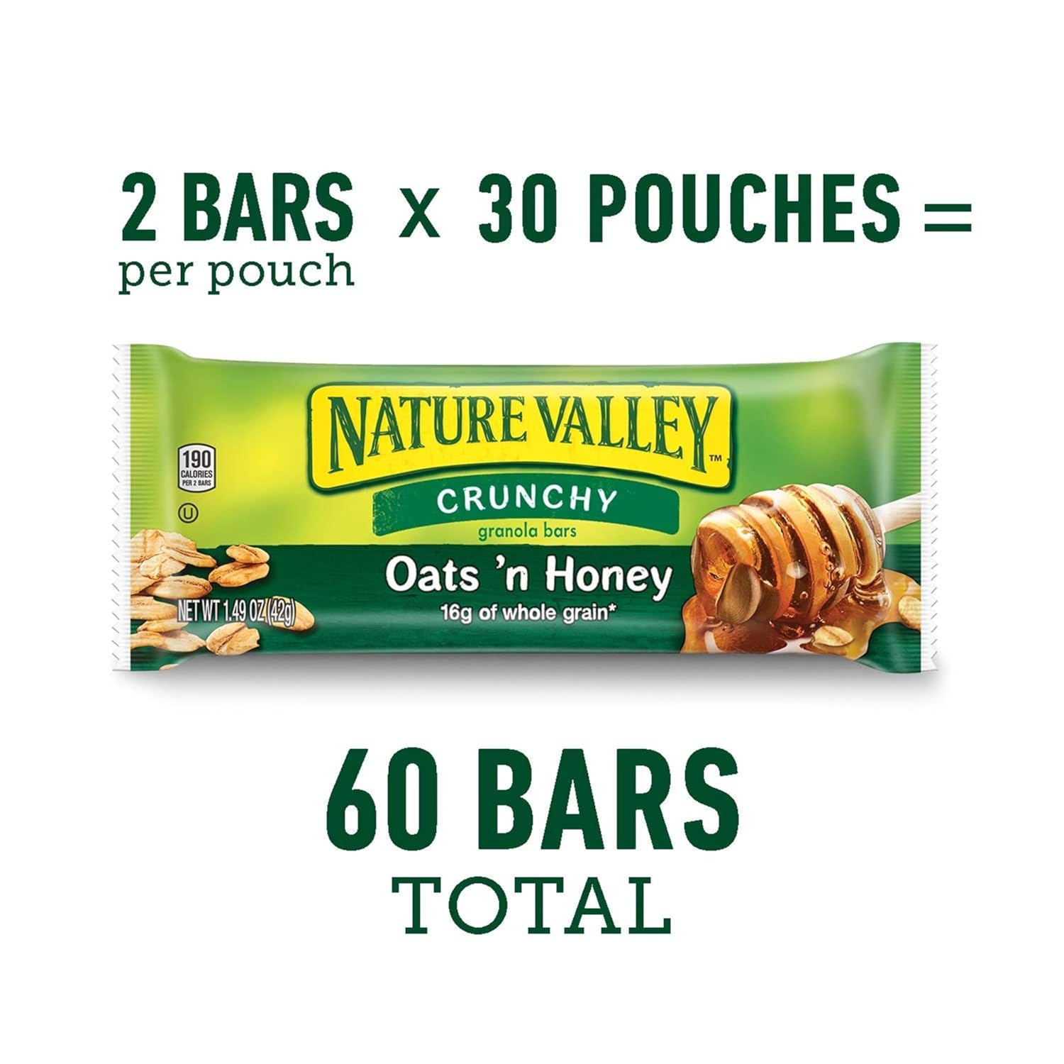 nature valley crunchy oats 'n honey granola bars, 60 bars, 44.7 oz, 30 pouches, whole grain oats, no artificial flavors, portable