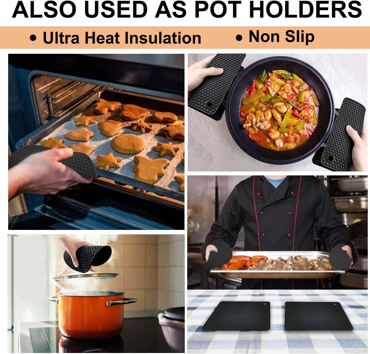Walfos Silicone Trivet Mats - 4 Heat Resistant Pot Holders, Multipurpose Non-Slip Hot Pads for Kitchen Potholders, Hot Dishers, Jar Opener, Spoon Holder, Food Grade Silicone & BPA Free (Black)