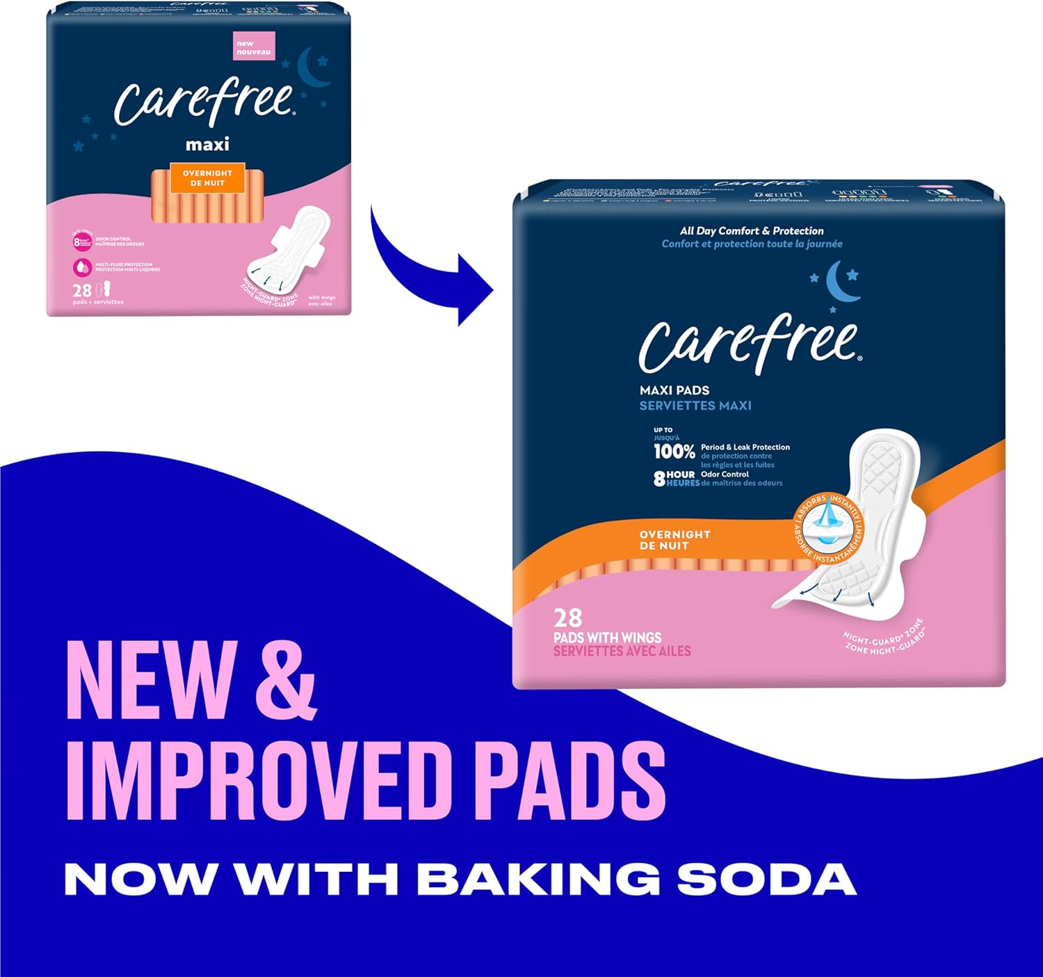 carefree maxi overnight pads with wings 28ct feminine care protection
